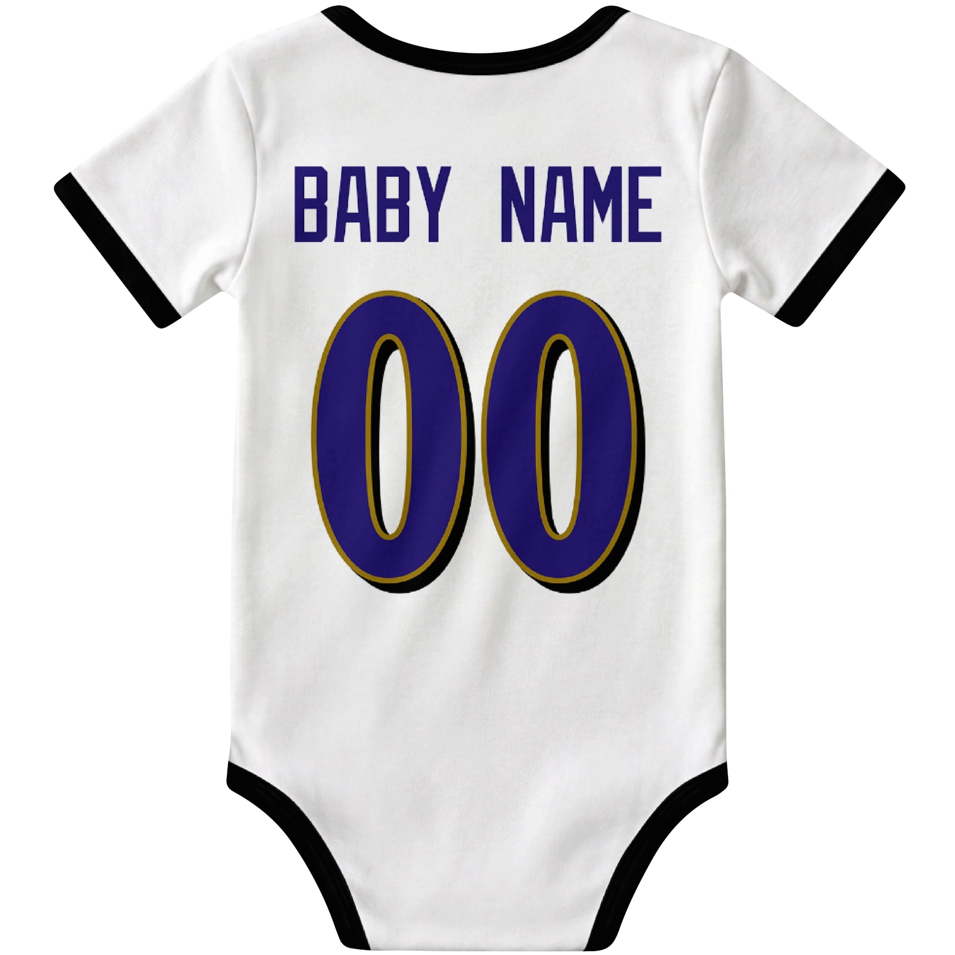 Baltimore White personalized football baby bodysuit back view with custom baby name and jersey number