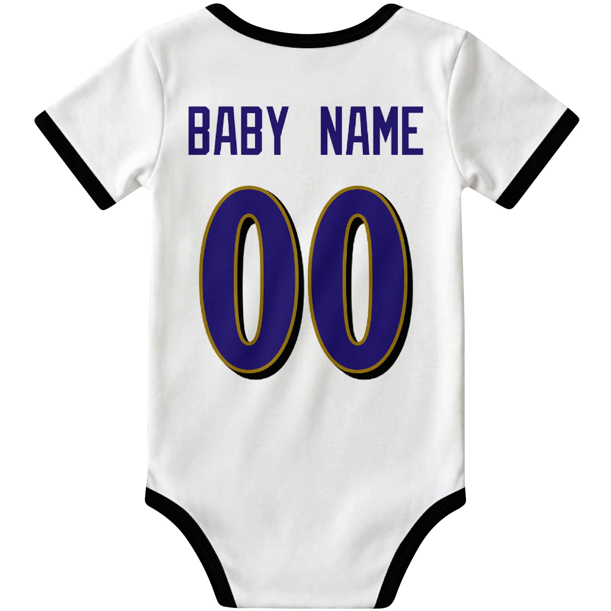Baltimore White personalized football baby bodysuit back view with custom baby name and jersey number