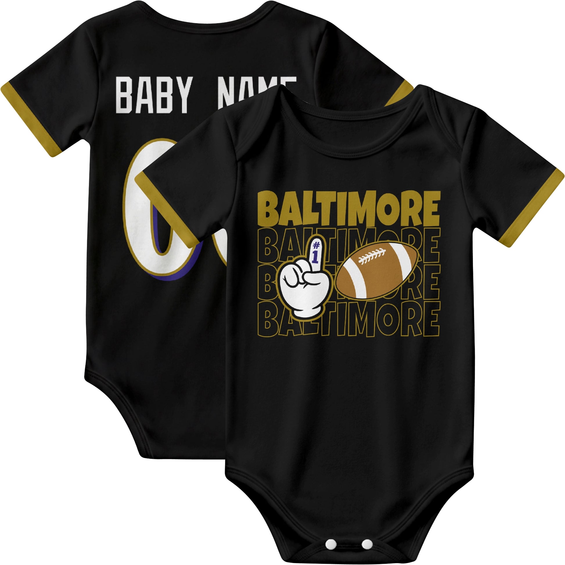 Baltimore personalized football baby bodysuit in Black showing front number one fan design and back custom baby name and number