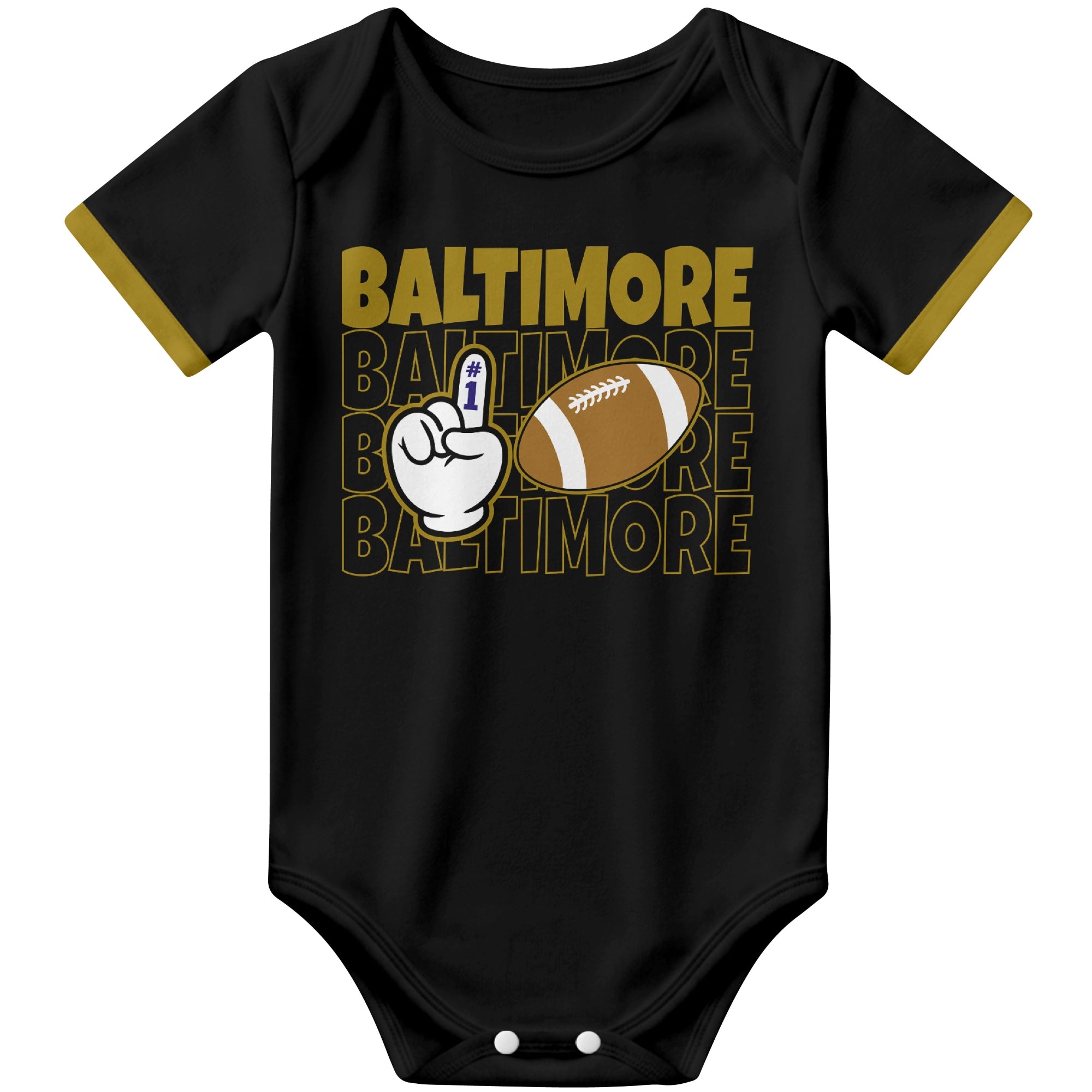 Baltimore Black football baby bodysuit front view with city lettering football and number one fan hand graphic