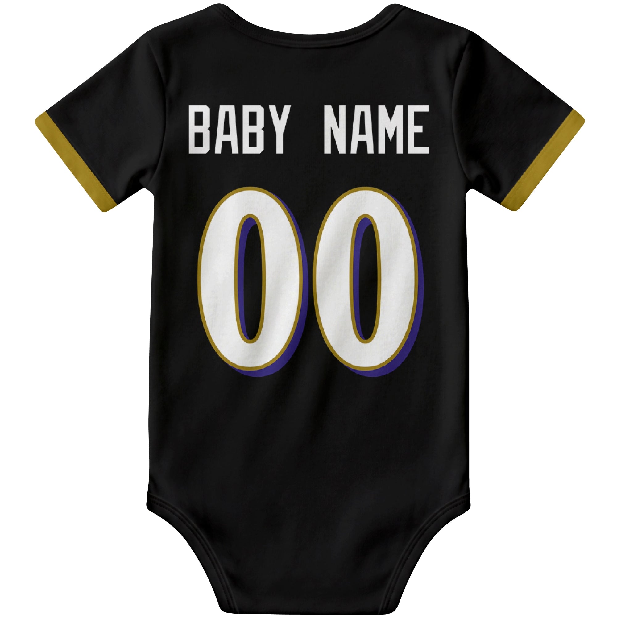 Baltimore Black personalized football baby bodysuit back view with custom baby name and jersey number