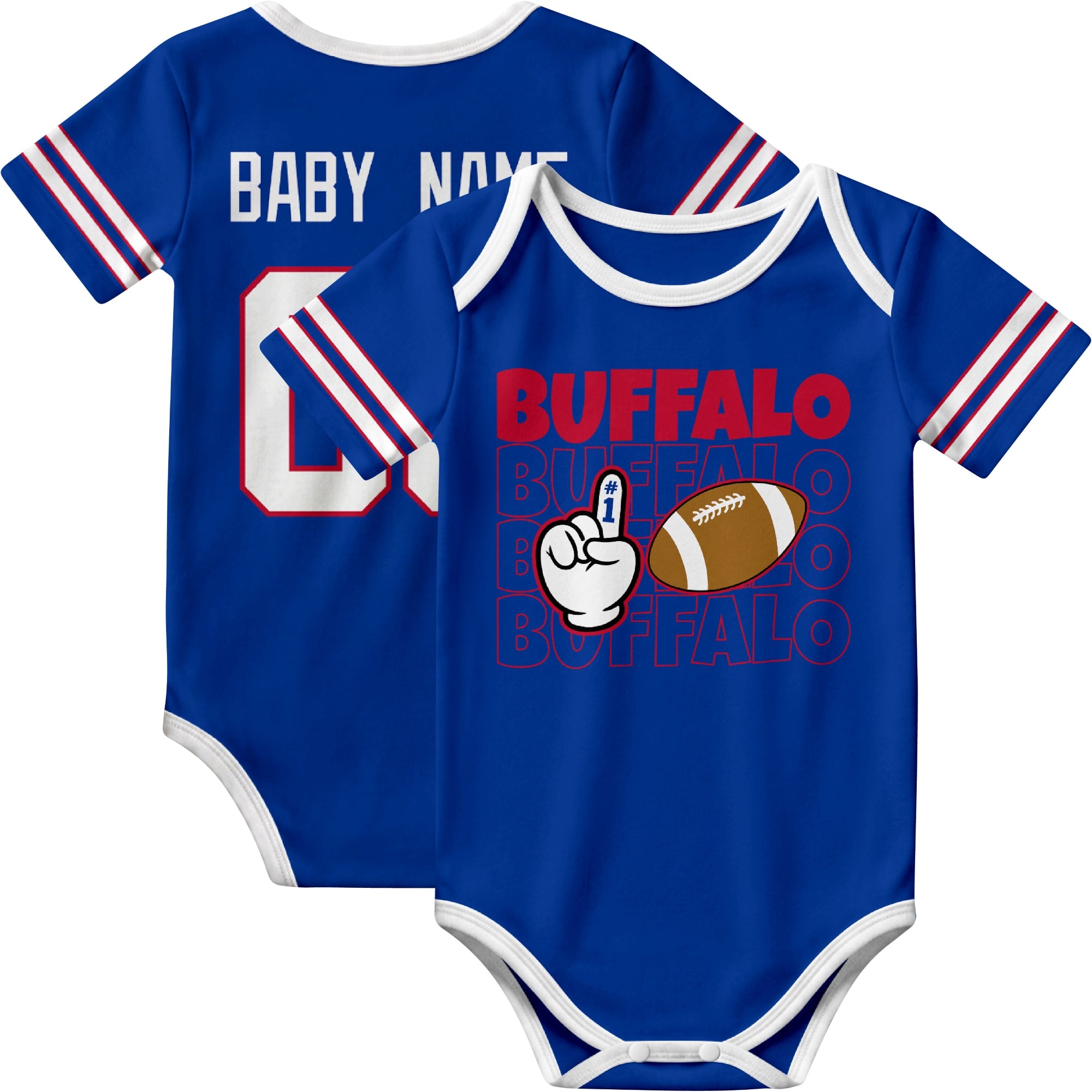 Buffalo personalized football baby bodysuit in Royal showing front number one fan design and back custom baby name and number