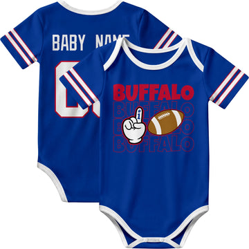 Buffalo personalized football baby bodysuit in Royal showing front number one fan design and back custom baby name and number