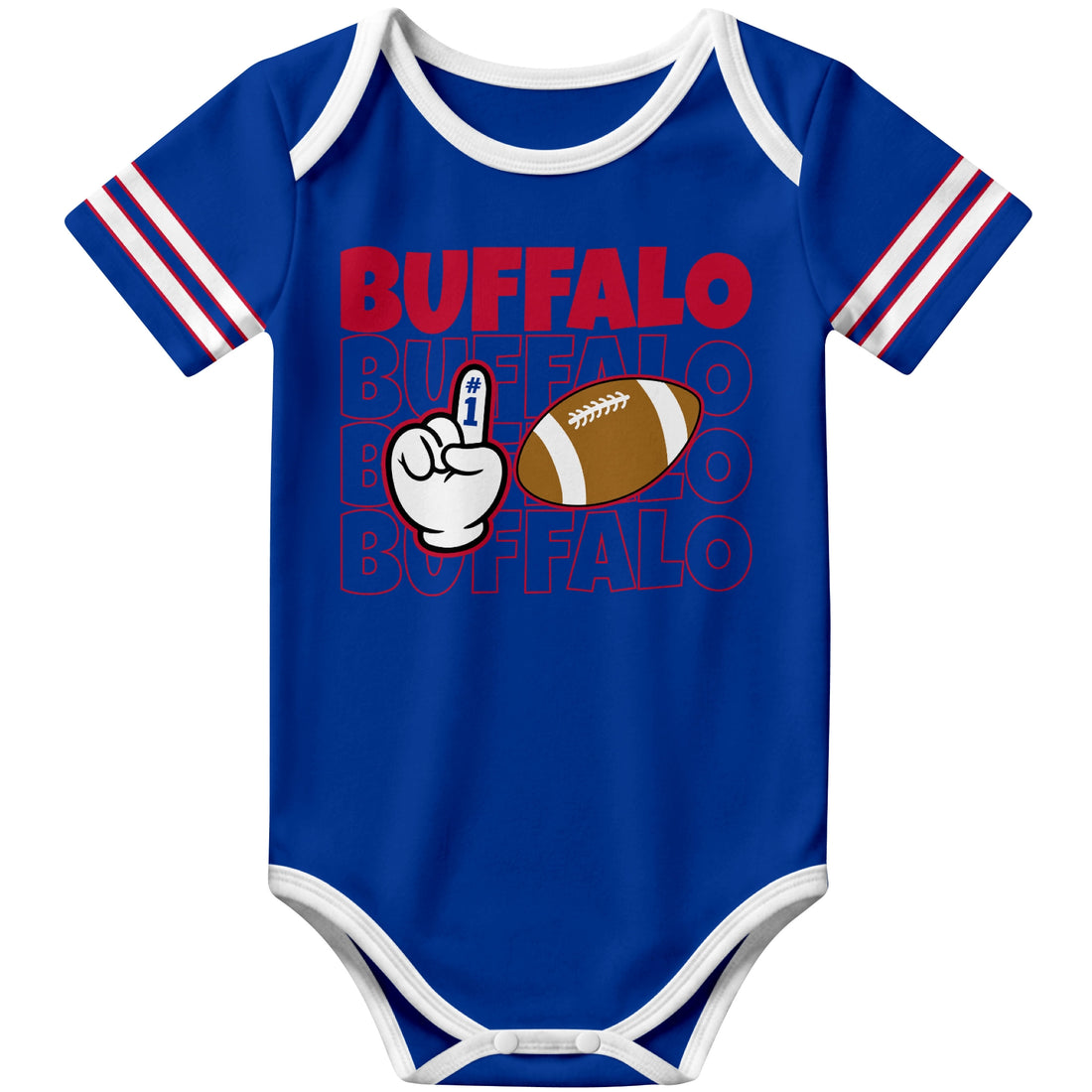 Buffalo personalized football baby bodysuit in Royal showing front number one fan design and back custom baby name and number