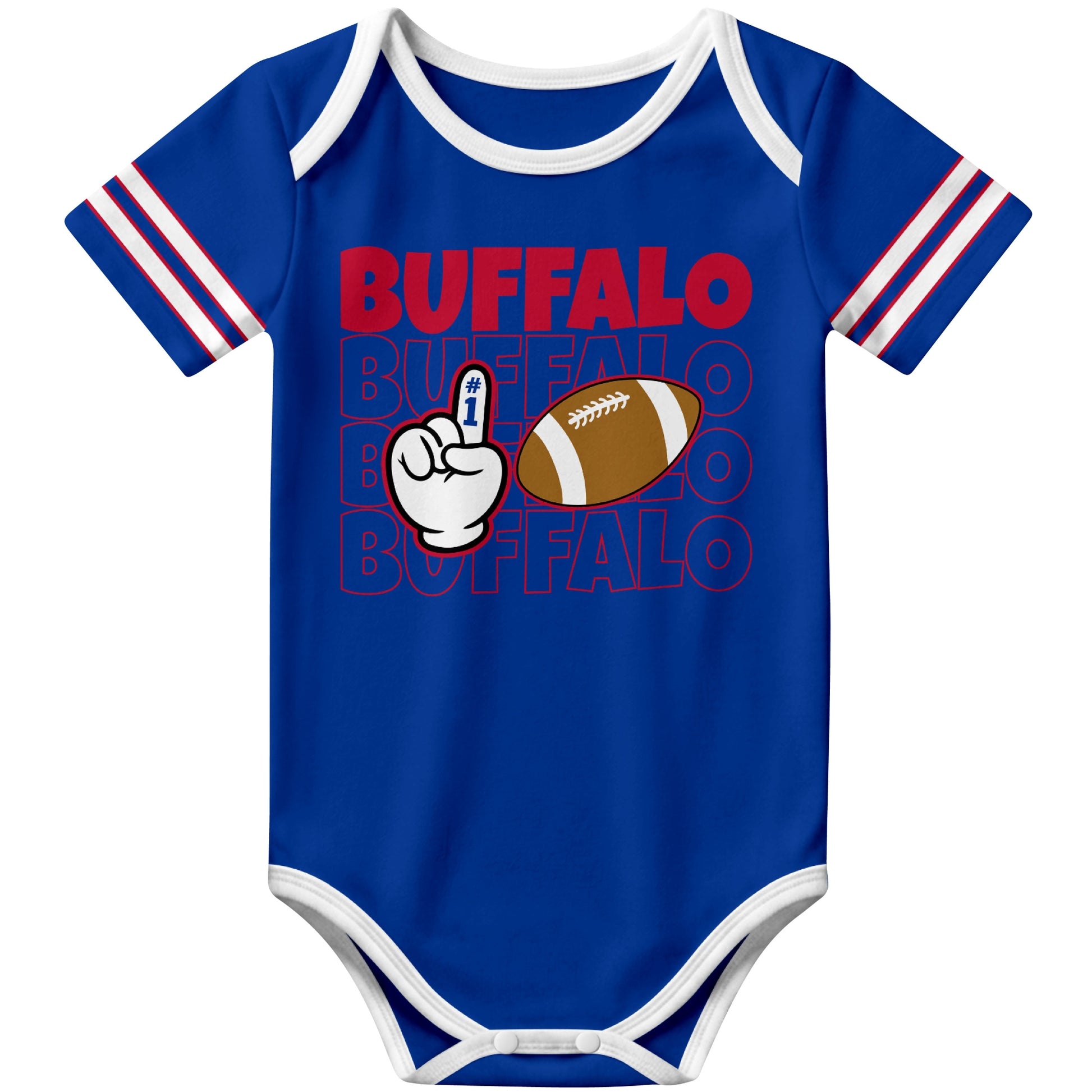 Buffalo Royal football baby bodysuit front view with city lettering football and number one fan hand graphic