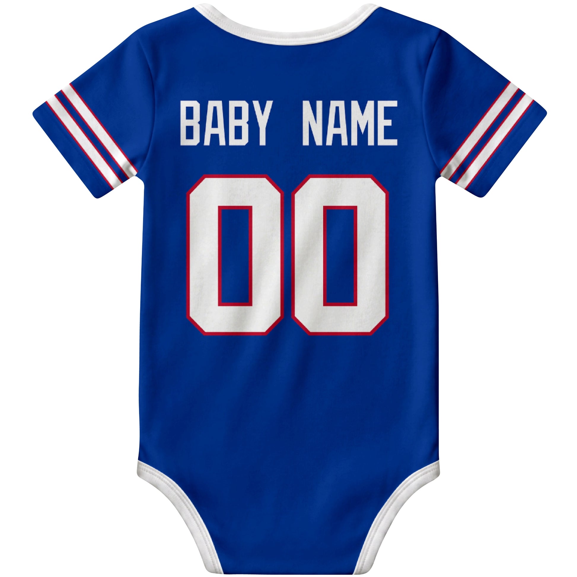 Buffalo Royal personalized football baby bodysuit back view with custom baby name and jersey number