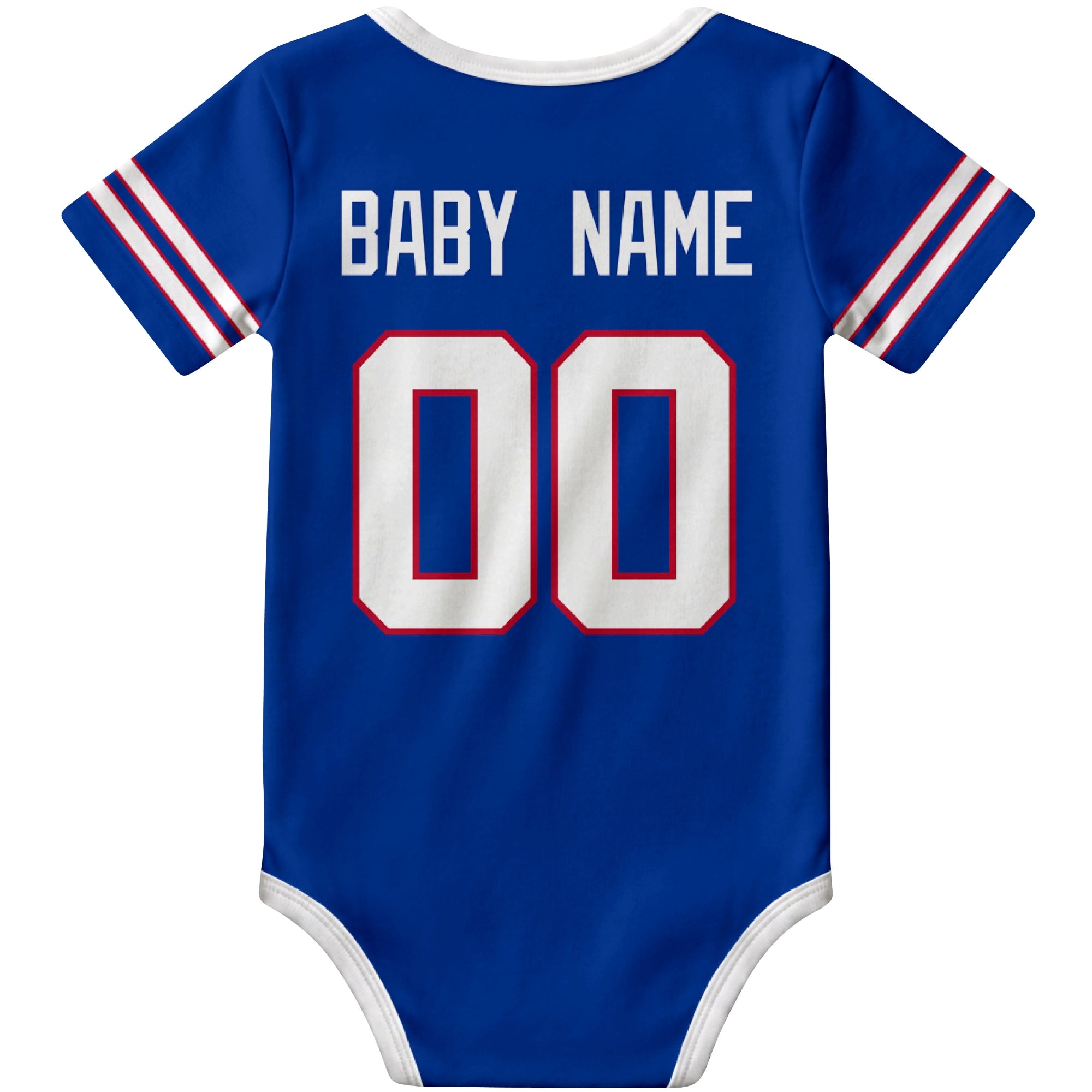 Buffalo Royal personalized football baby bodysuit back view with custom baby name and jersey number
