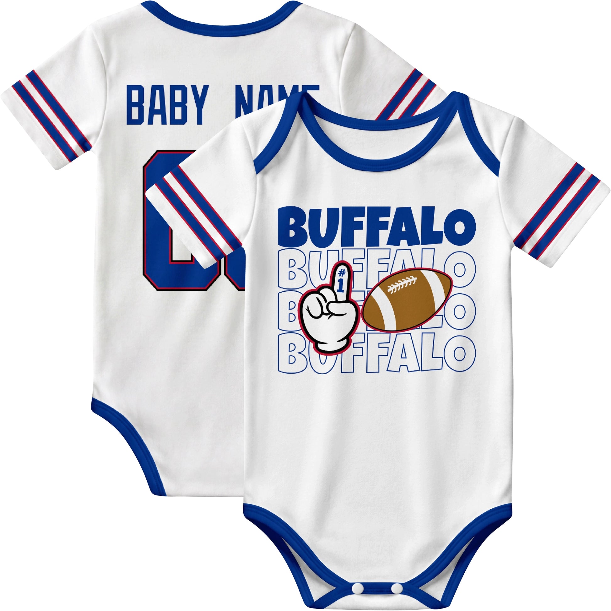 Buffalo personalized football baby bodysuit in White showing front number one fan design and back custom baby name and number
