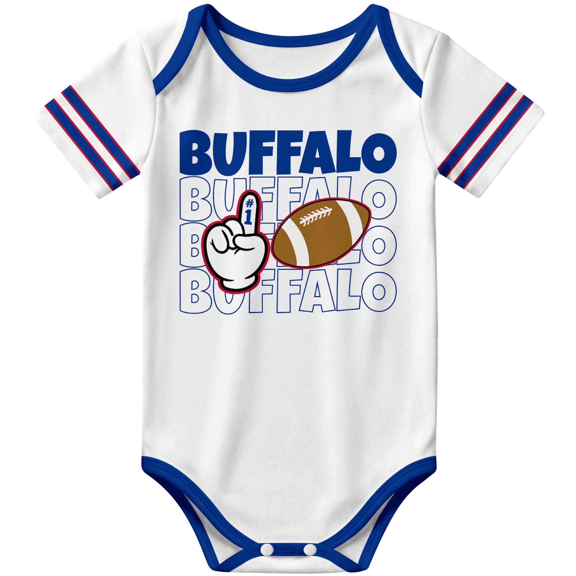 Buffalo White football baby bodysuit front view with city lettering football and number one fan hand graphic