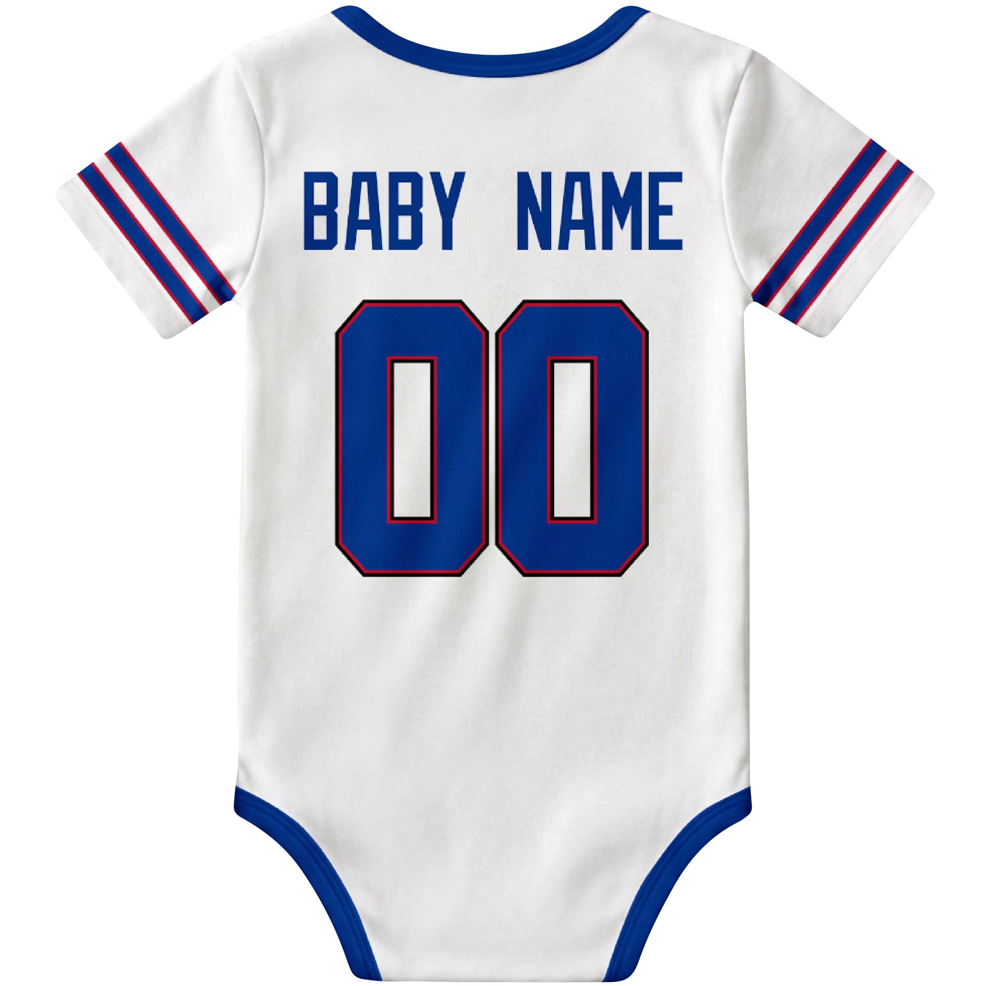 Buffalo White personalized football baby bodysuit back view with custom baby name and jersey number