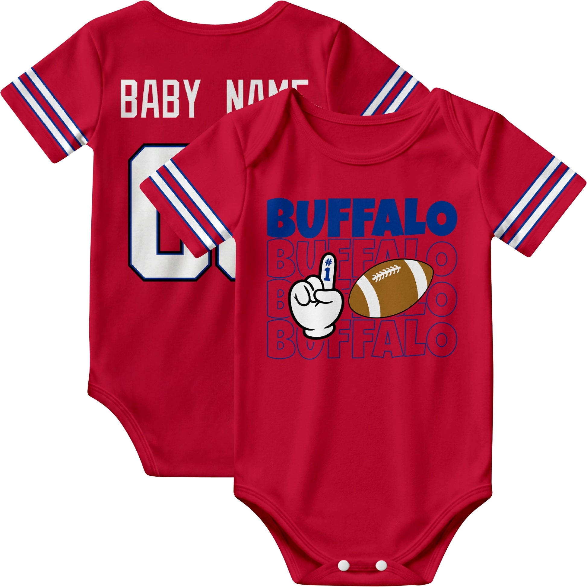 Buffalo personalized football baby bodysuit in Red showing front number one fan design and back custom baby name and number
