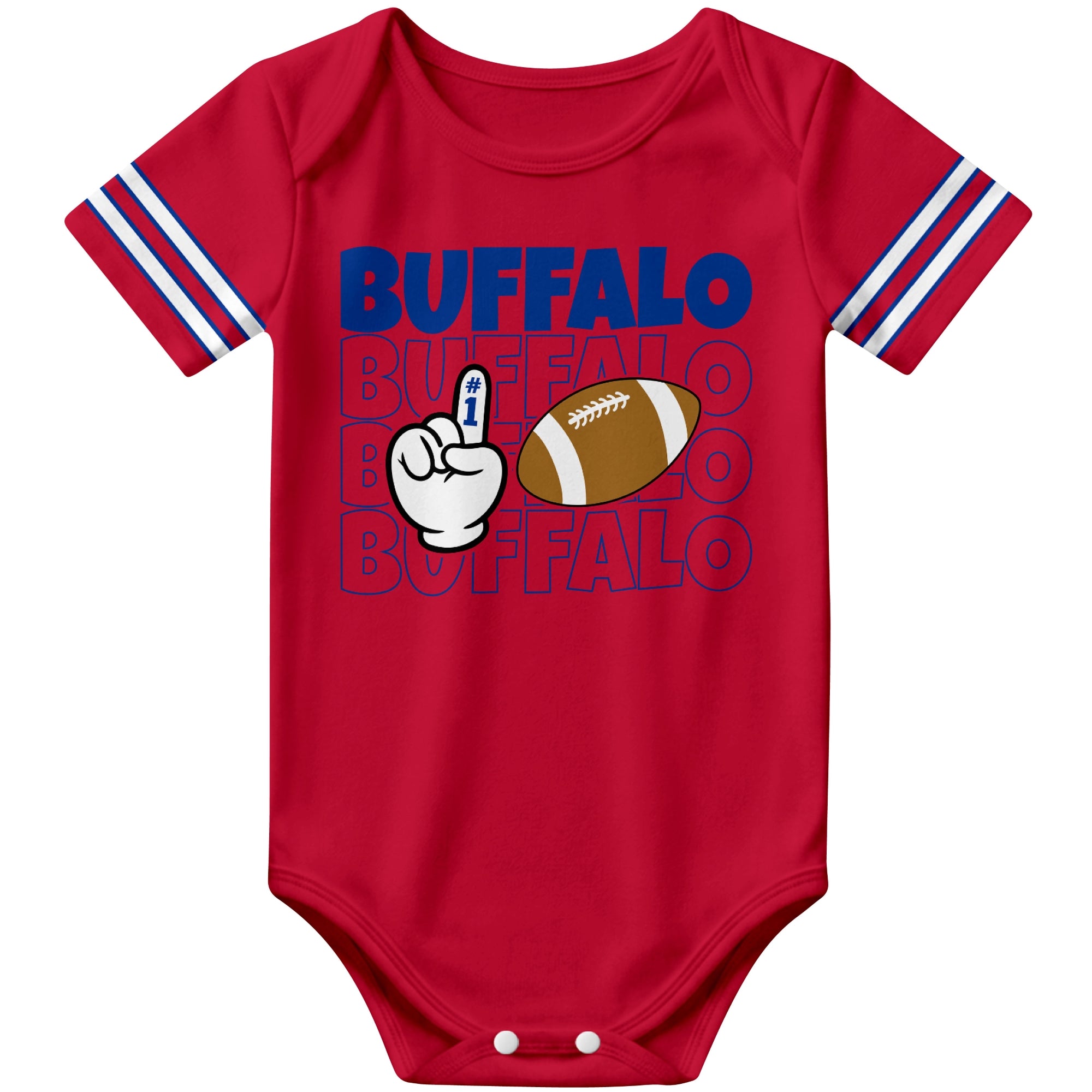 Buffalo Red football baby bodysuit front view with city lettering football and number one fan hand graphic