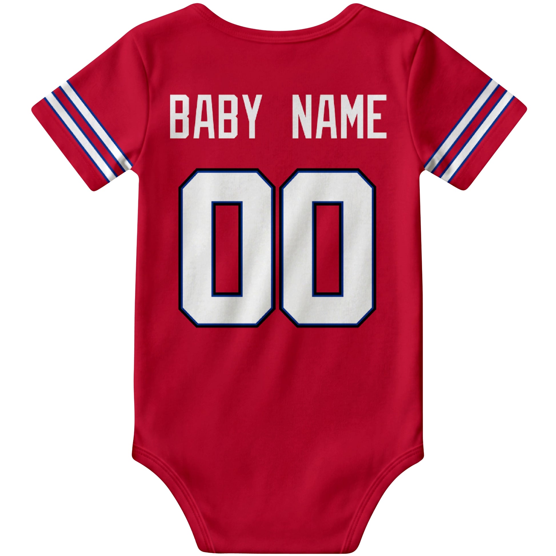 Buffalo Red personalized football baby bodysuit back view with custom baby name and jersey number