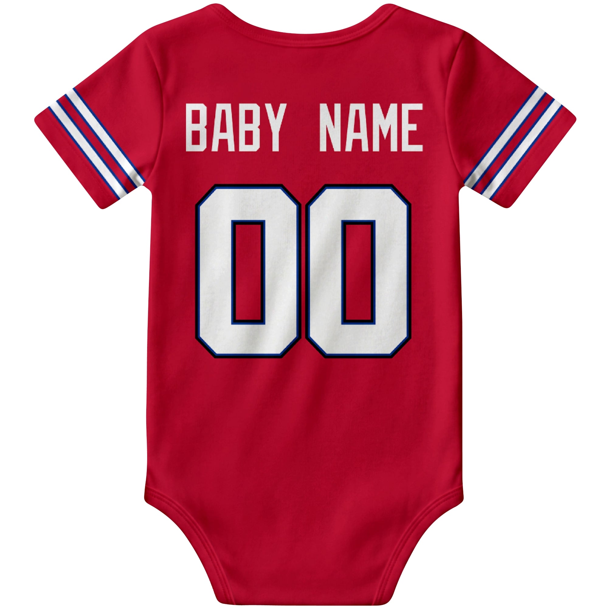 Buffalo Red personalized football baby bodysuit back view with custom baby name and jersey number