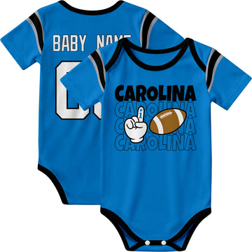 Carolina personalized football baby bodysuit in Blue showing front number one fan design and back custom baby name and number