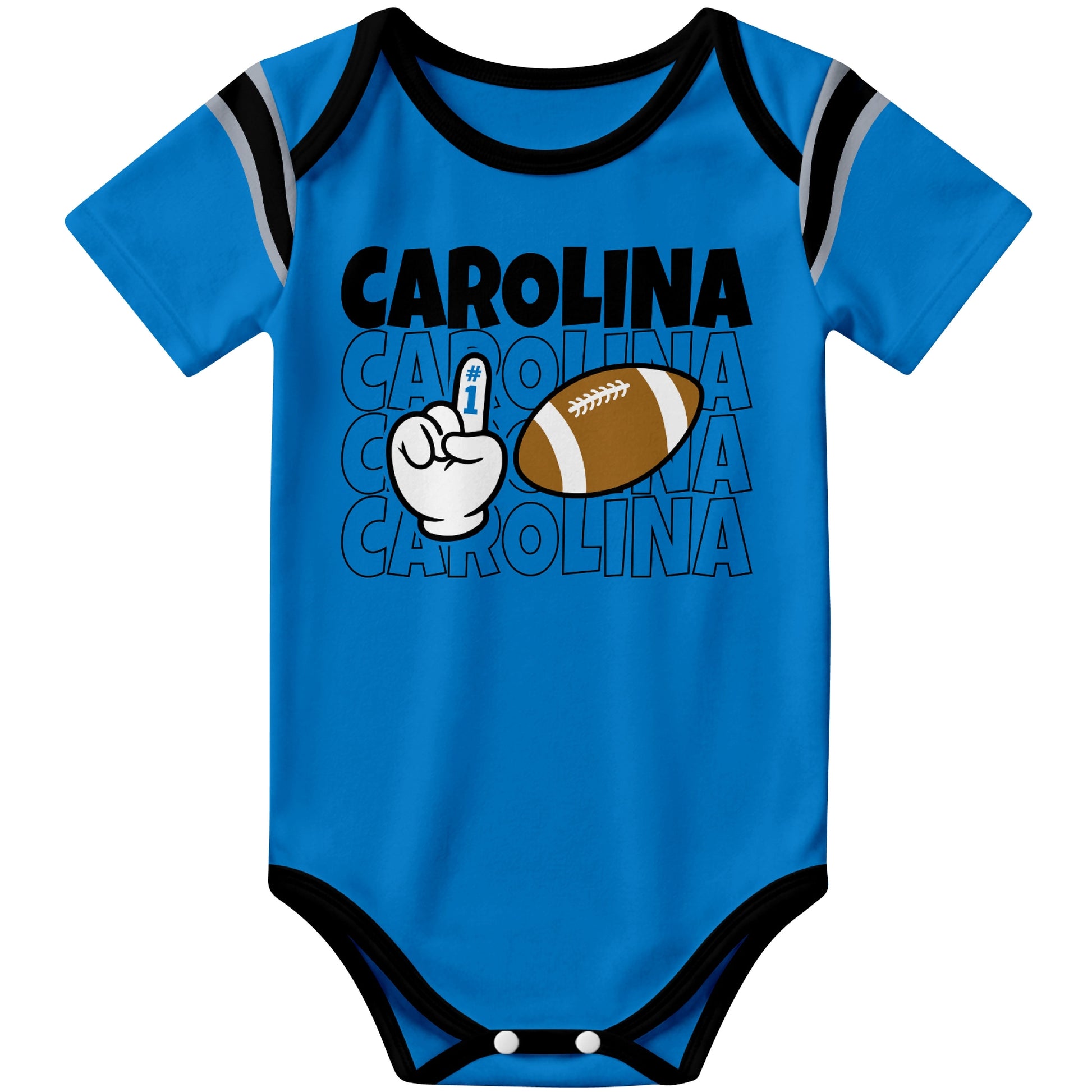 Carolina Blue football baby bodysuit front view with city lettering football and number one fan hand graphic