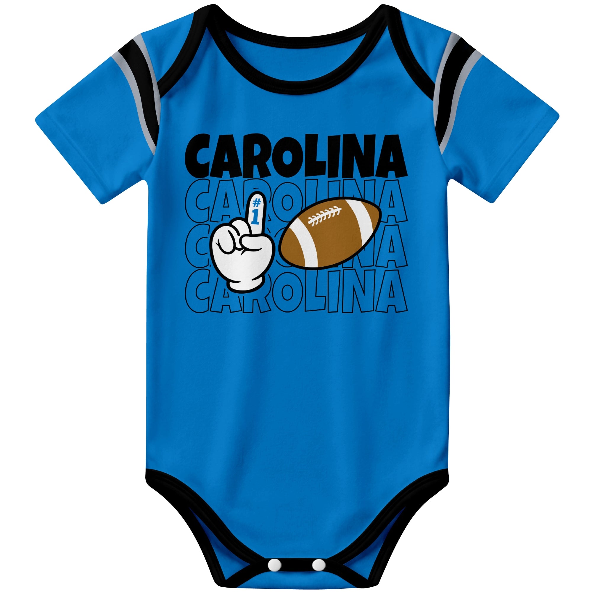 Carolina Blue football baby bodysuit front view with city lettering football and number one fan hand graphic