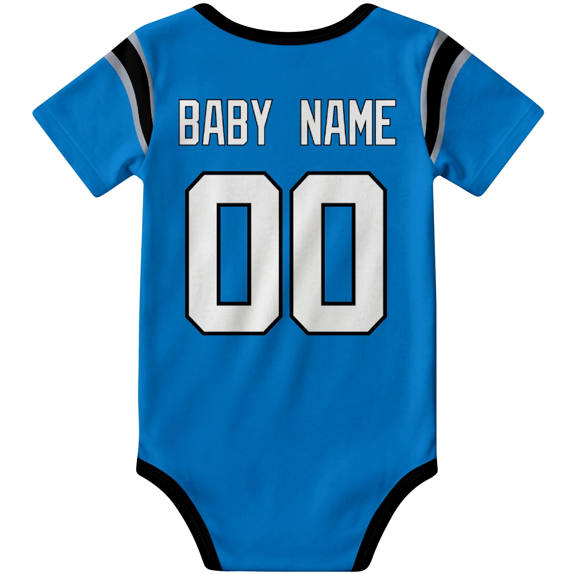 Carolina Blue personalized football baby bodysuit back view with custom baby name and jersey number