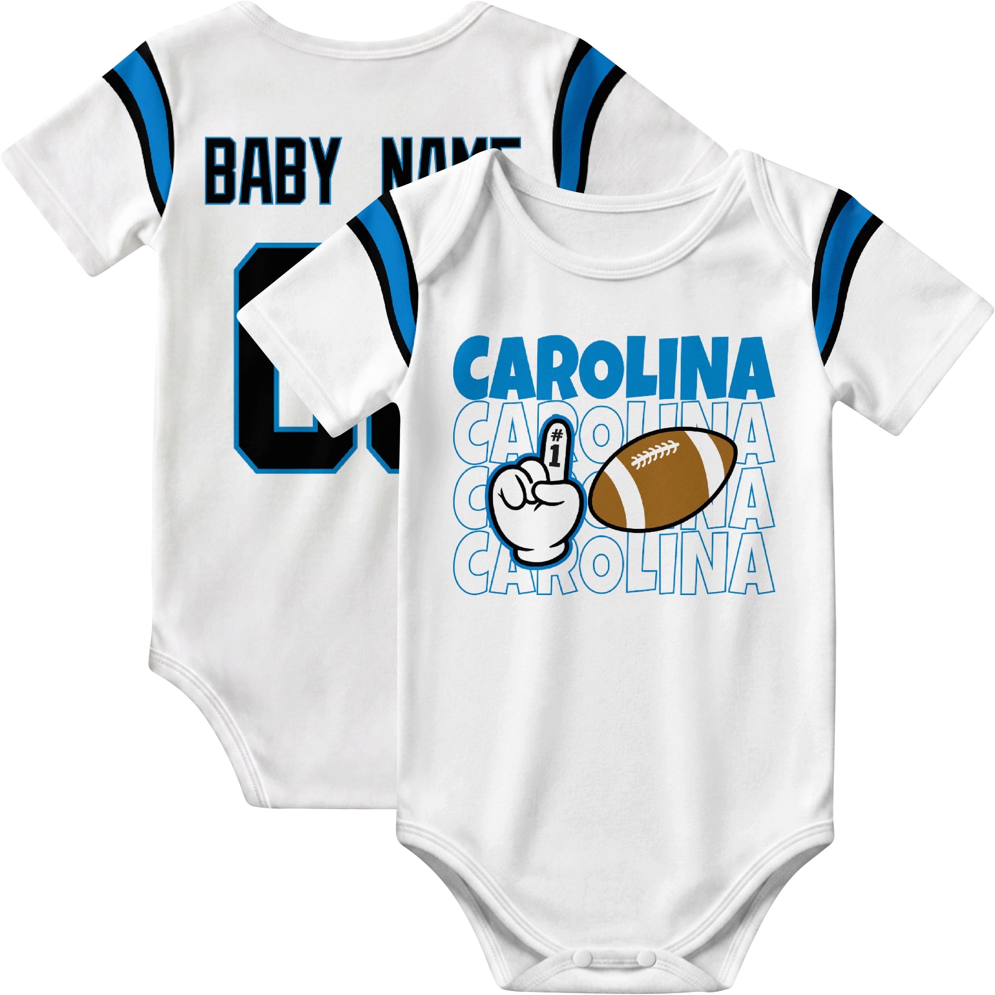 Carolina personalized football baby bodysuit in White showing front number one fan design and back custom baby name and number
