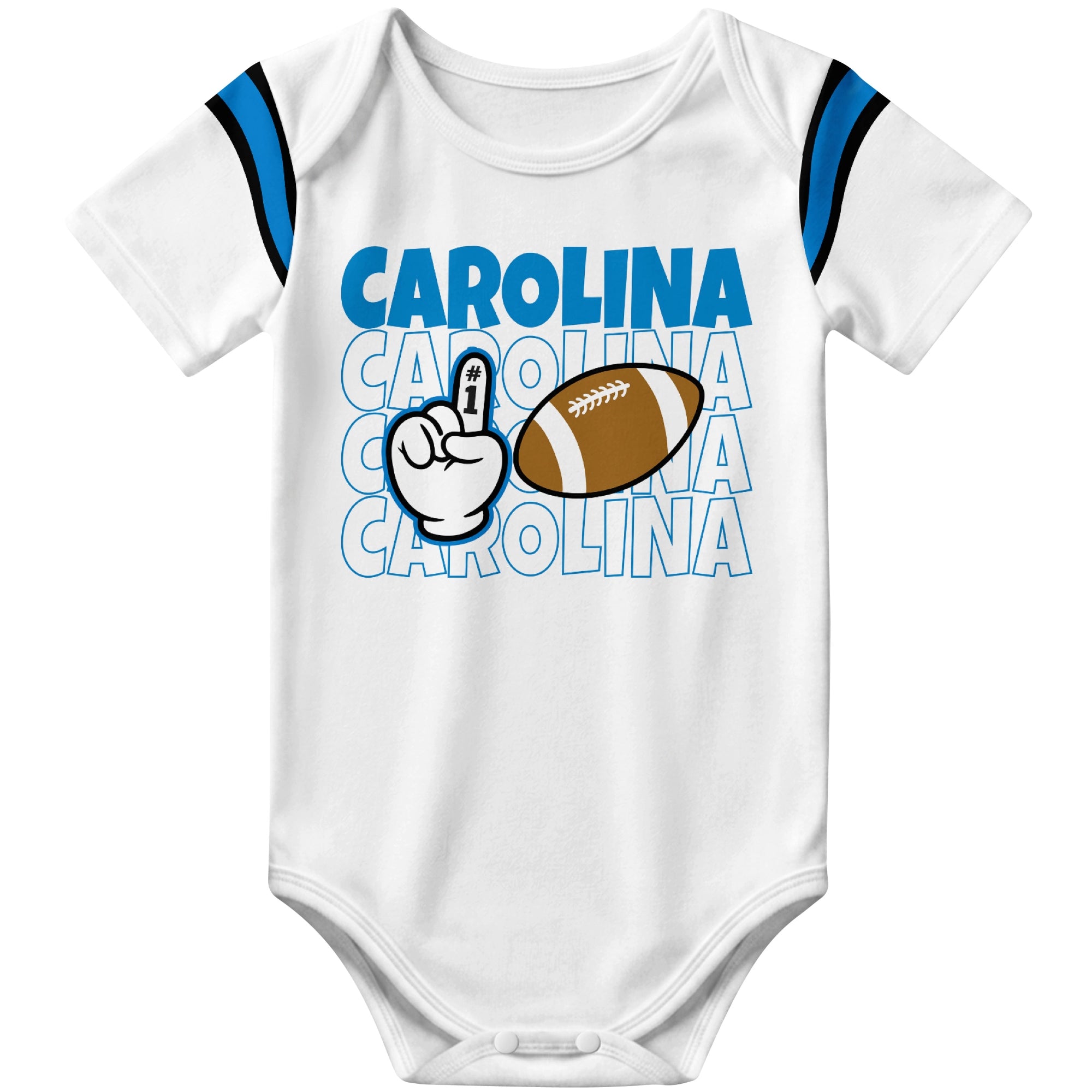Carolina White football baby bodysuit front view with city lettering football and number one fan hand graphic