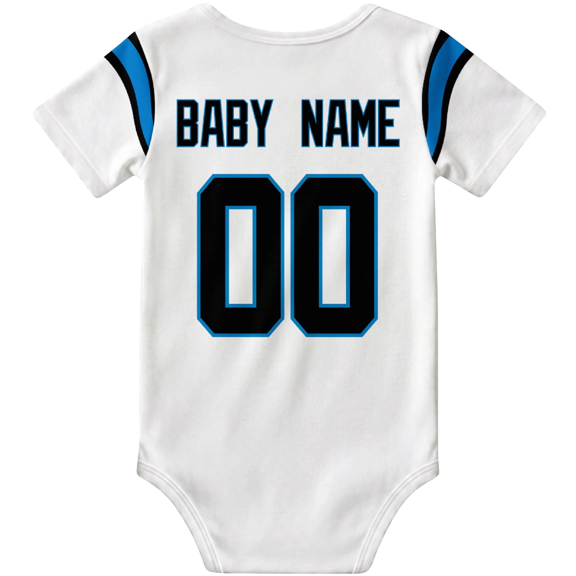 Carolina White personalized football baby bodysuit back view with custom baby name and jersey number