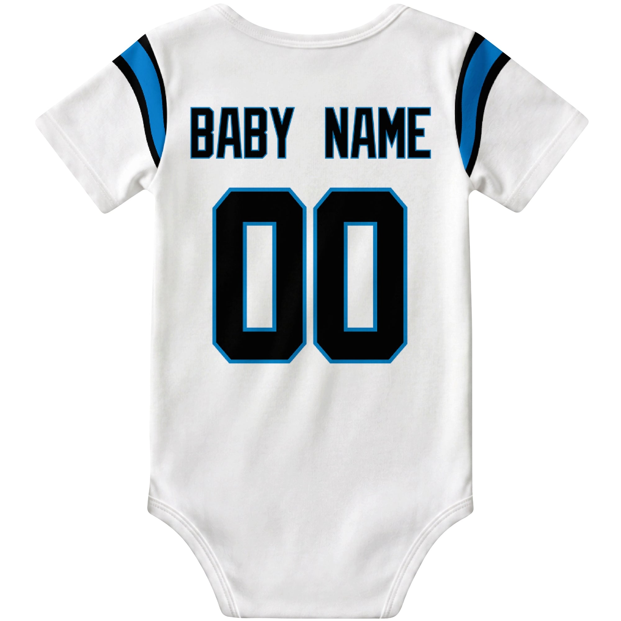 Carolina White personalized football baby bodysuit back view with custom baby name and jersey number