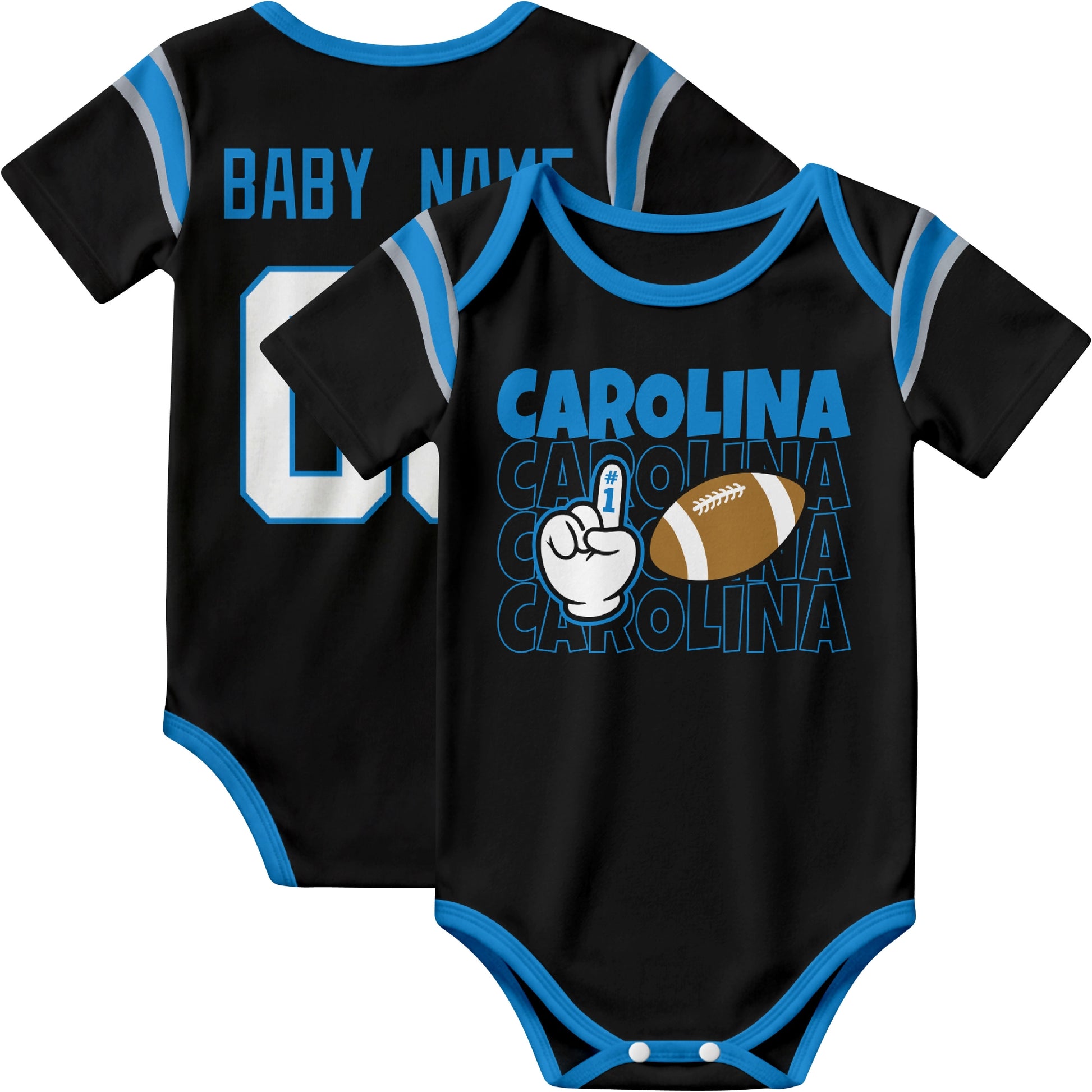 Carolina personalized football baby bodysuit in Black showing front number one fan design and back custom baby name and number