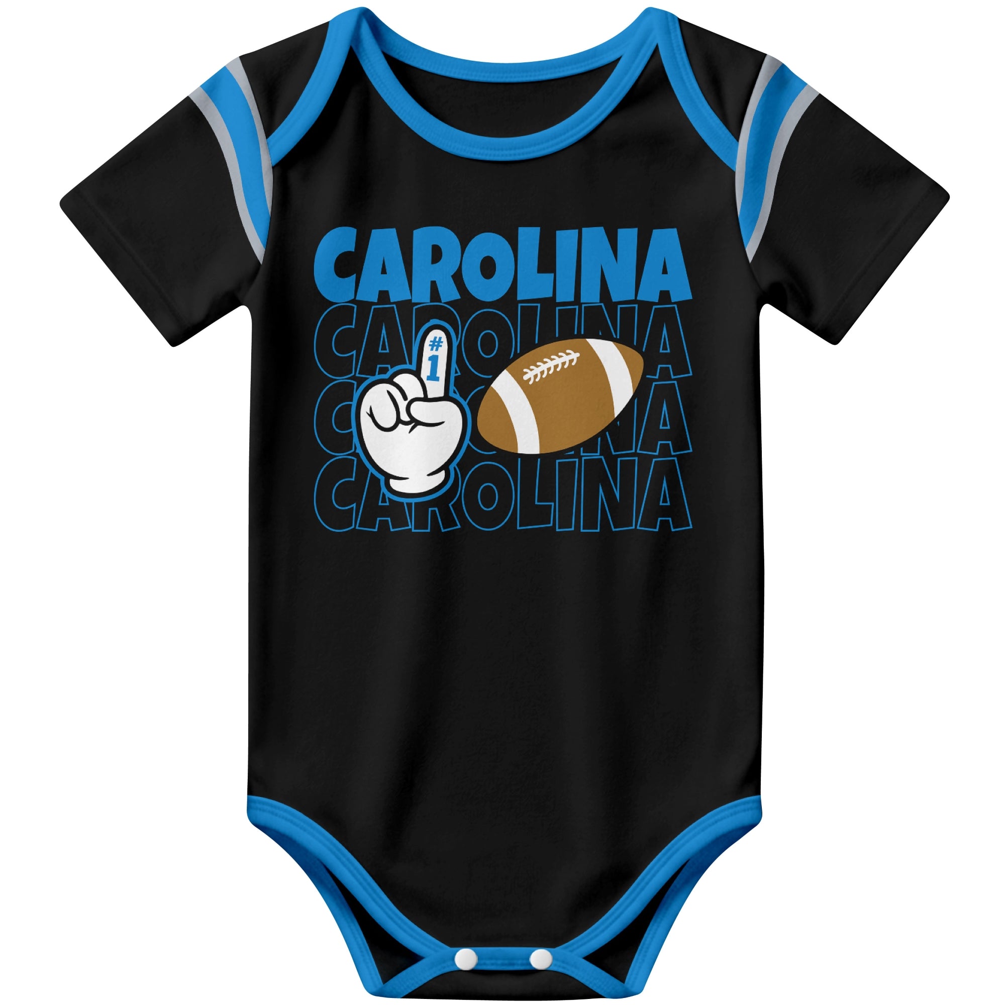 Carolina Black football baby bodysuit front view with city lettering football and number one fan hand graphic