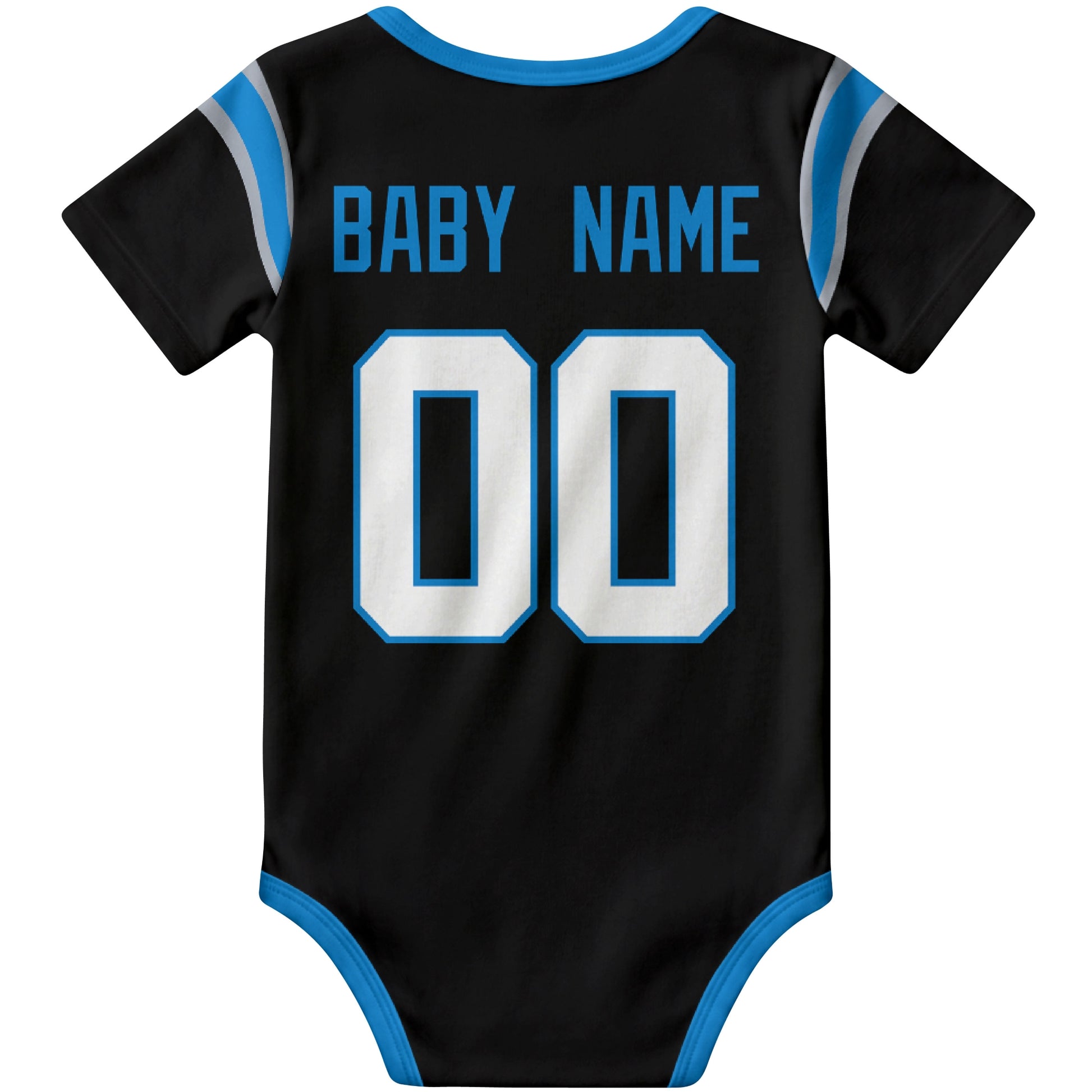 Carolina Black personalized football baby bodysuit back view with custom baby name and jersey number