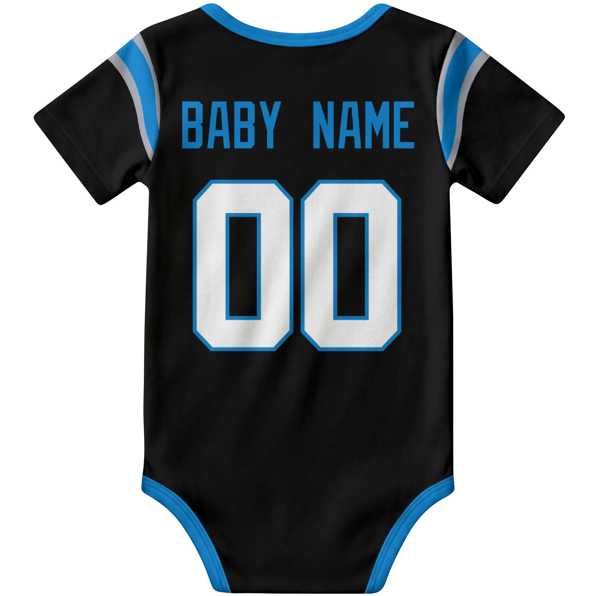 Carolina Black personalized football baby bodysuit back view with custom baby name and jersey number