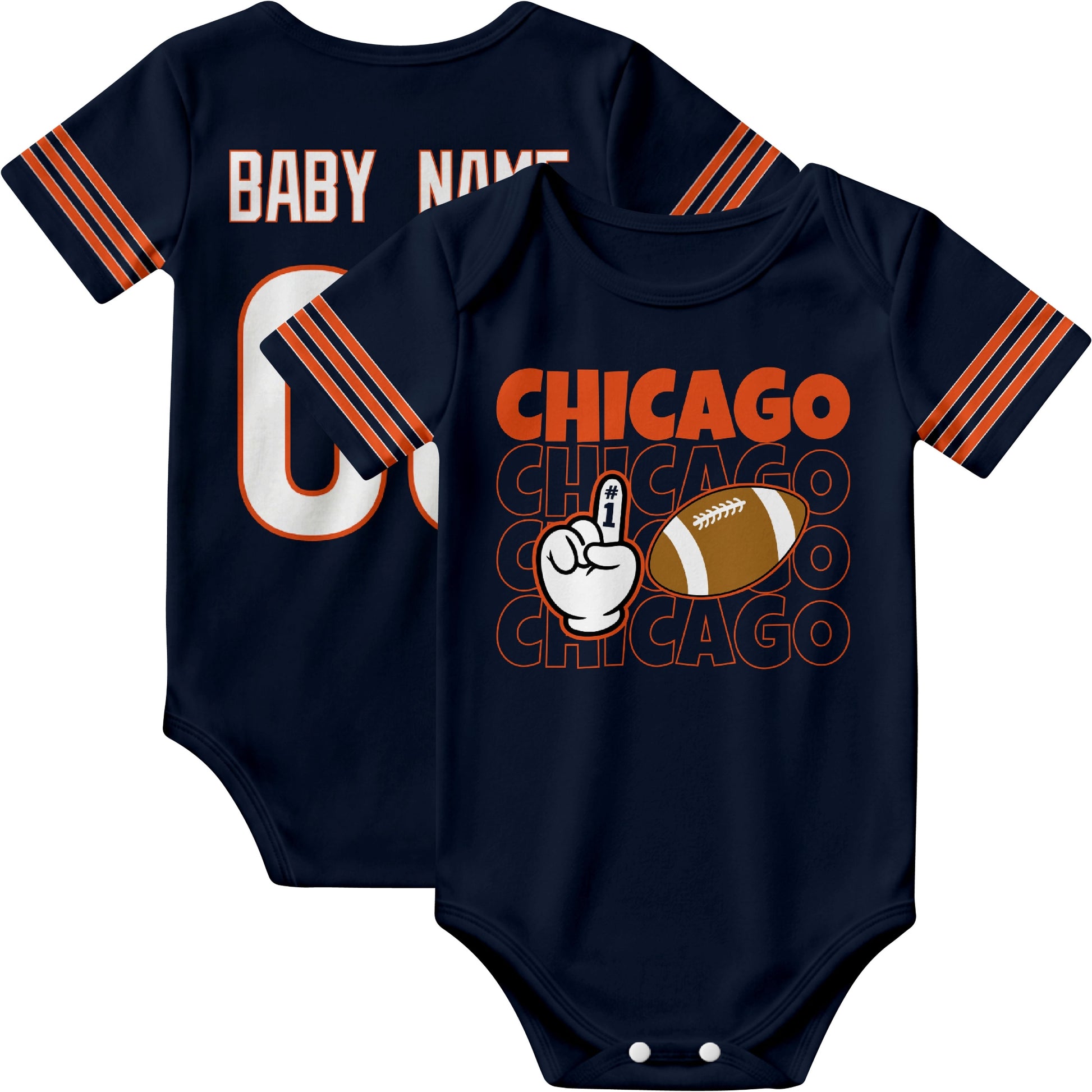 Chicago personalized football baby bodysuit in Navy showing front number one fan design and back custom baby name and number