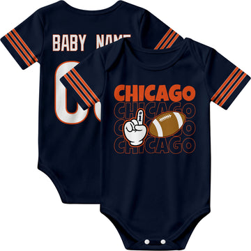 Chicago personalized football baby bodysuit in Navy showing front number one fan design and back custom baby name and number