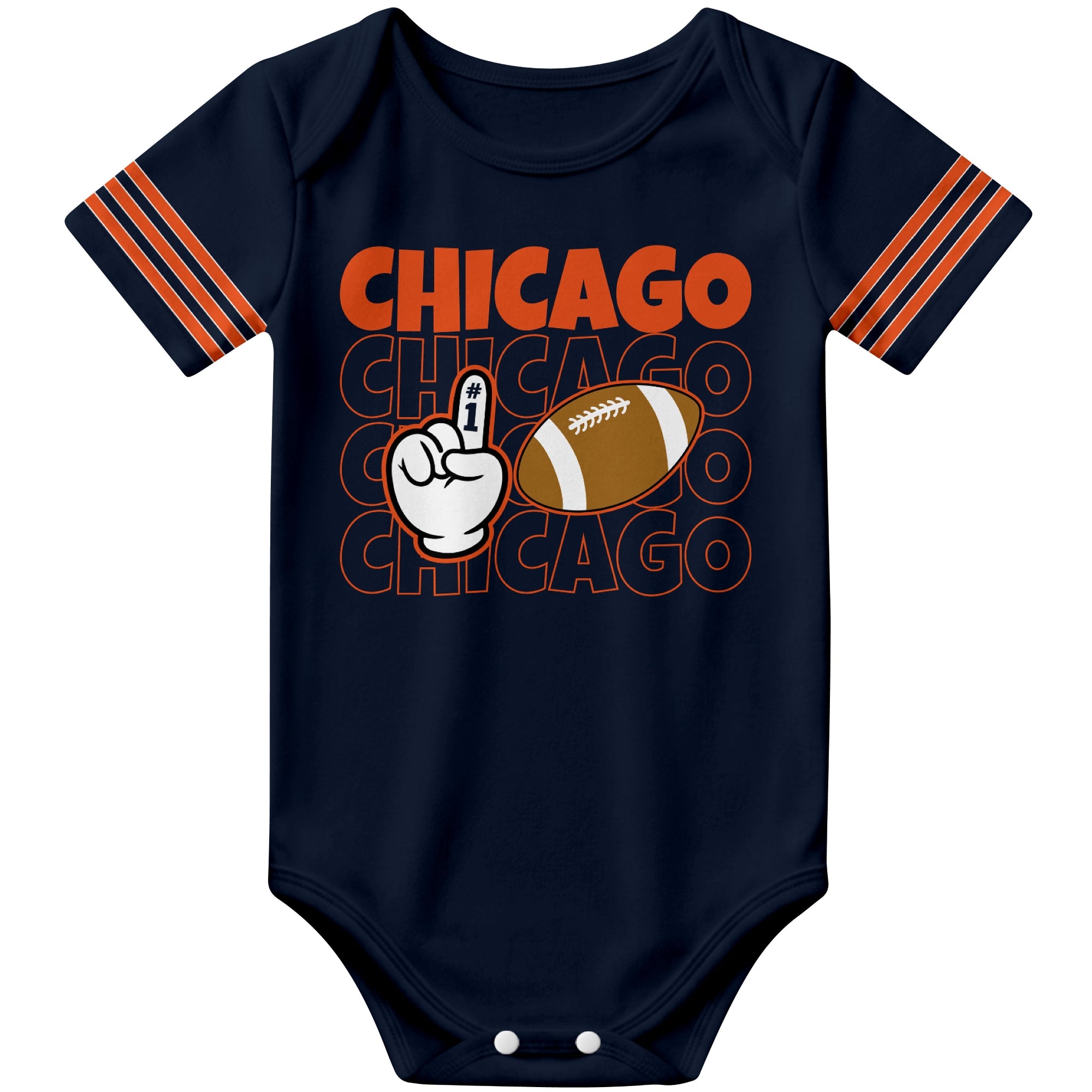 Chicago Navy football baby bodysuit front view with city lettering football and number one fan hand graphic