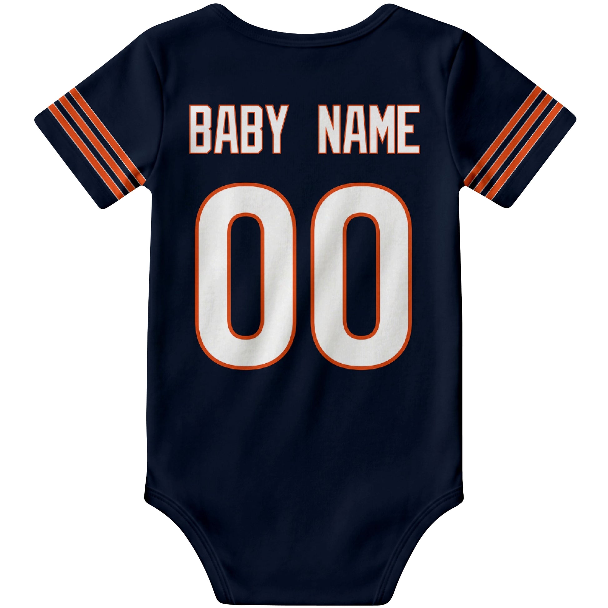 Chicago Navy personalized football baby bodysuit back view with custom baby name and jersey number