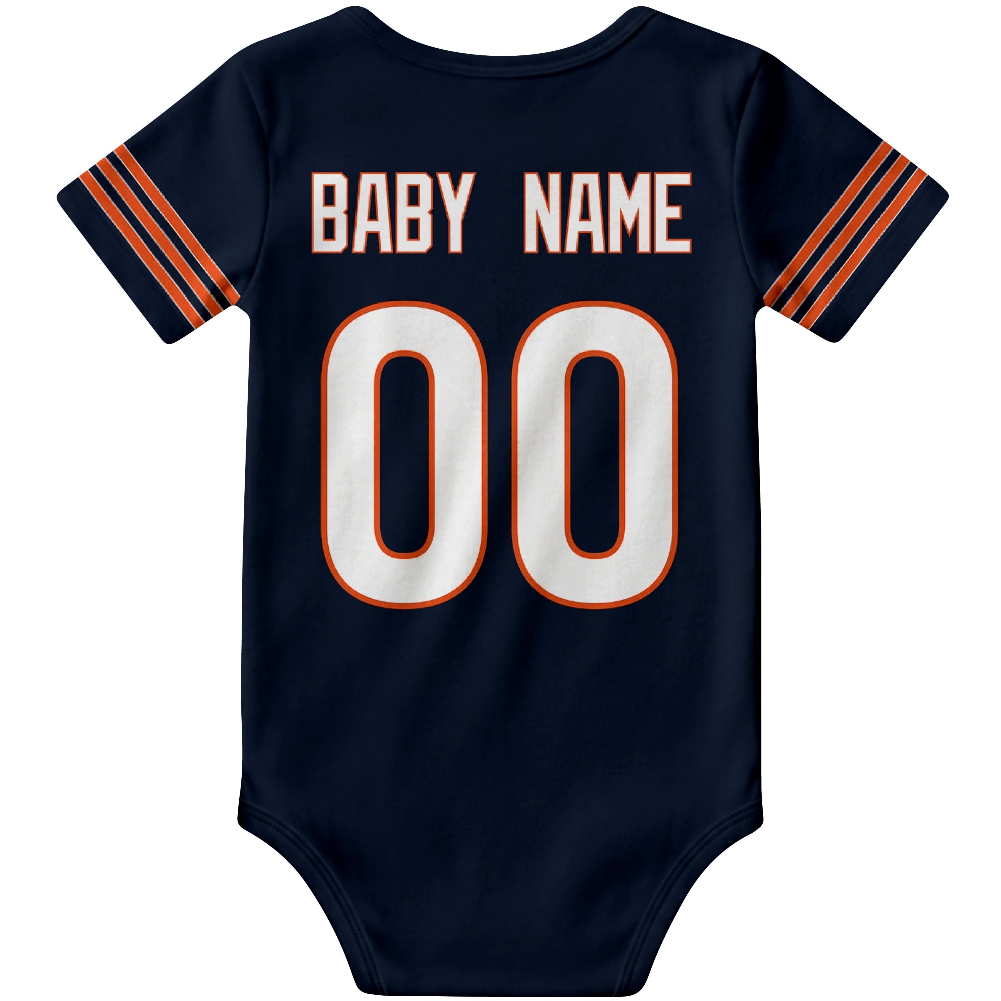 Chicago Navy personalized football baby bodysuit back view with custom baby name and jersey number