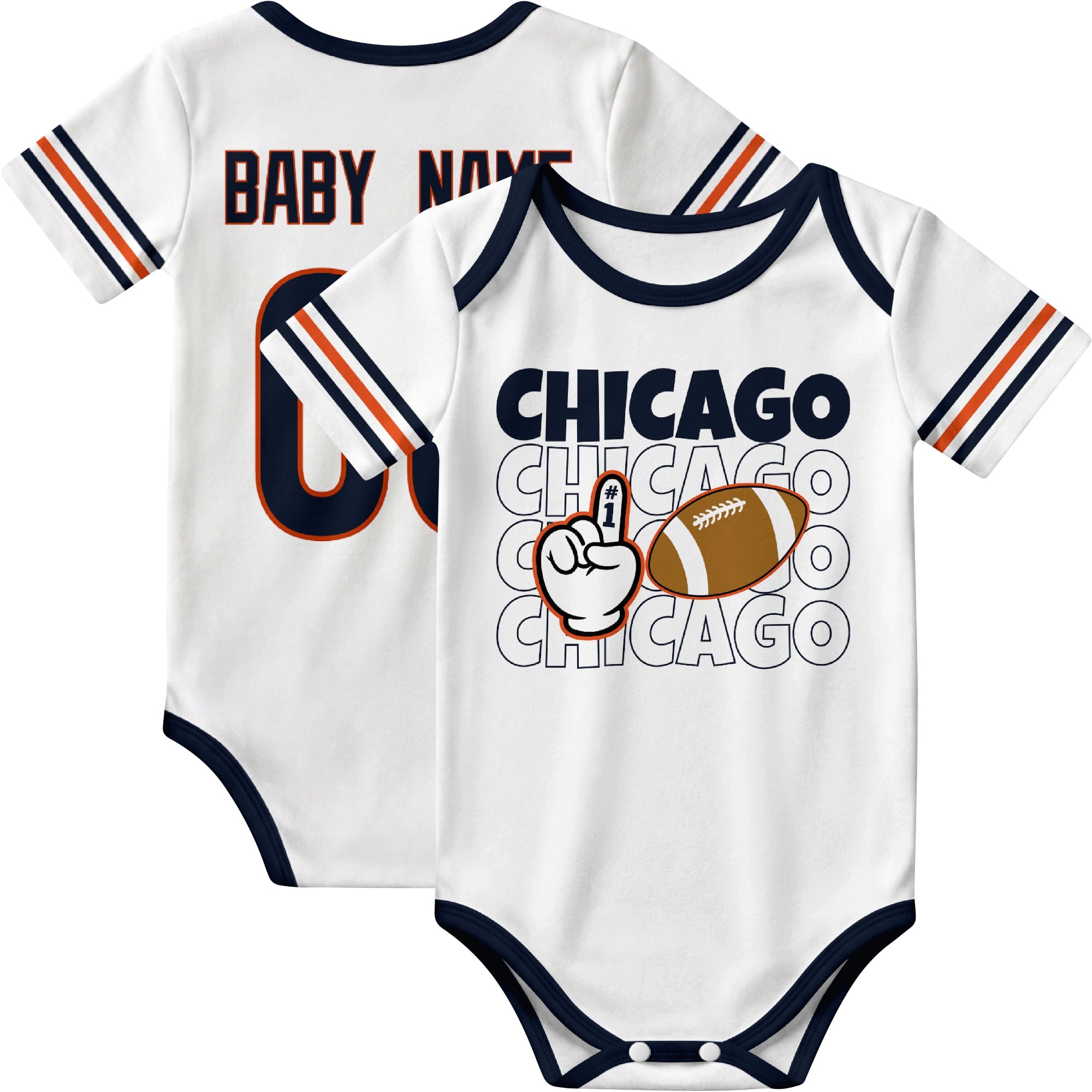 Chicago personalized football baby bodysuit in White showing front number one fan design and back custom baby name and number