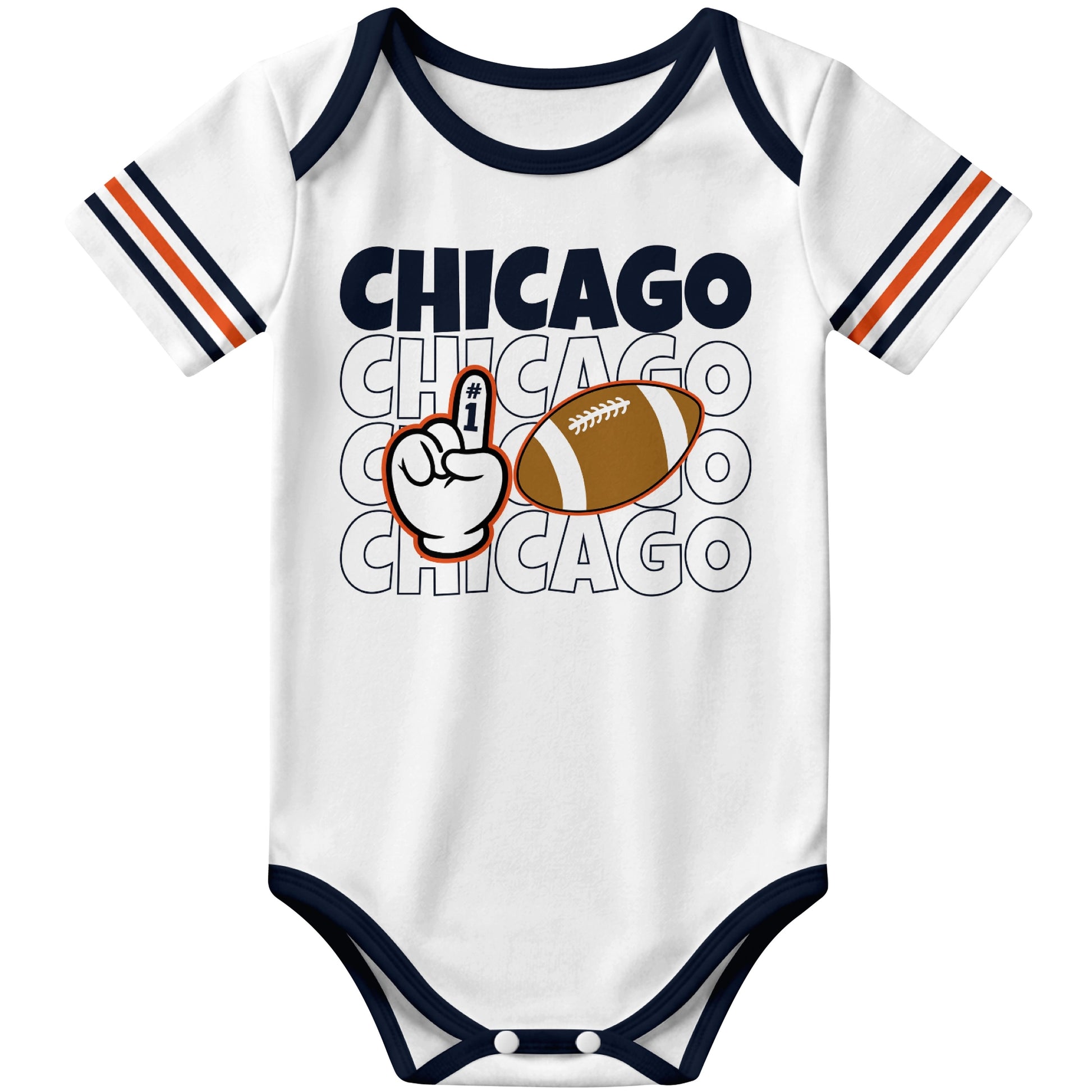 Chicago White football baby bodysuit front view with city lettering football and number one fan hand graphic