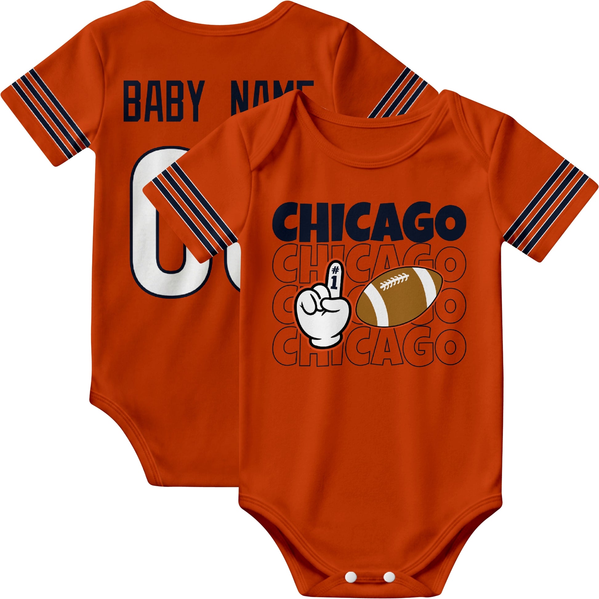 Chicago personalized football baby bodysuit in Orange showing front number one fan design and back custom baby name and number