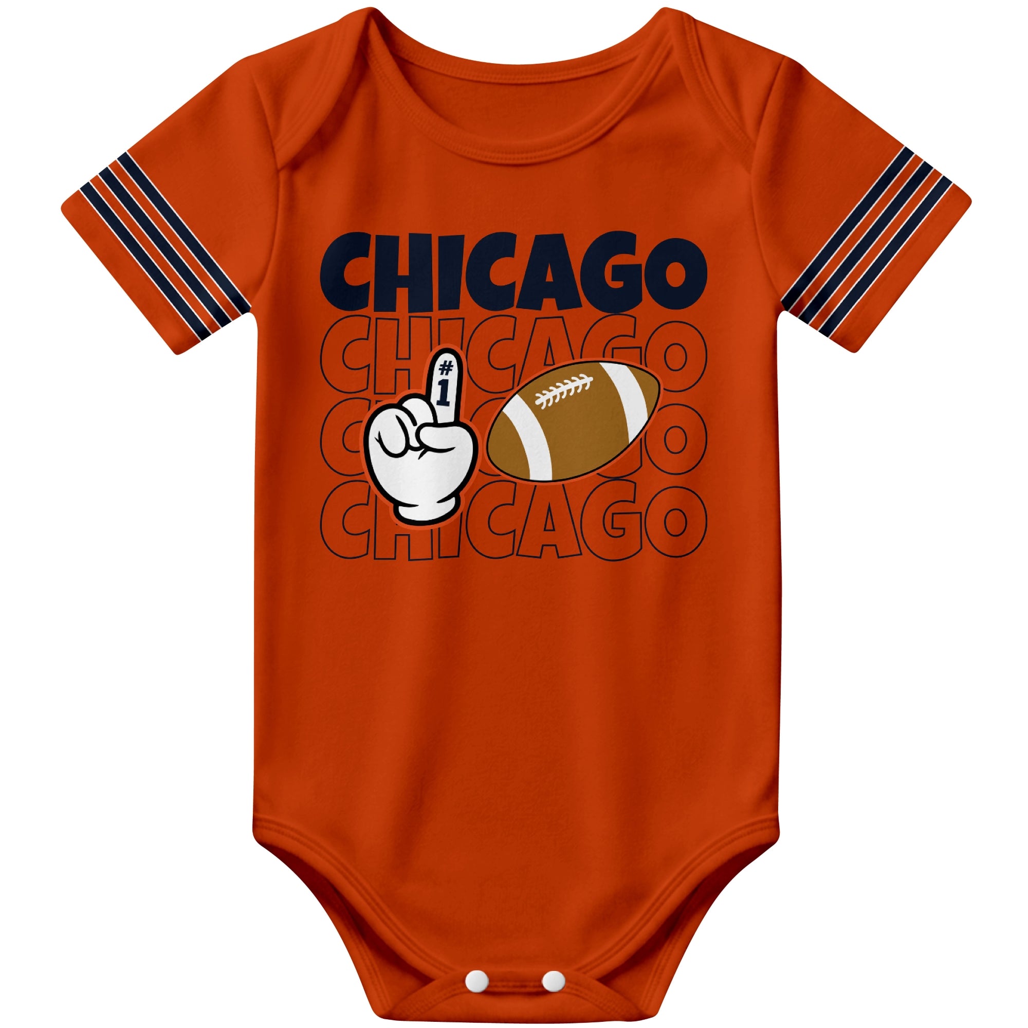 Chicago Orange football baby bodysuit front view with city lettering football and number one fan hand graphic