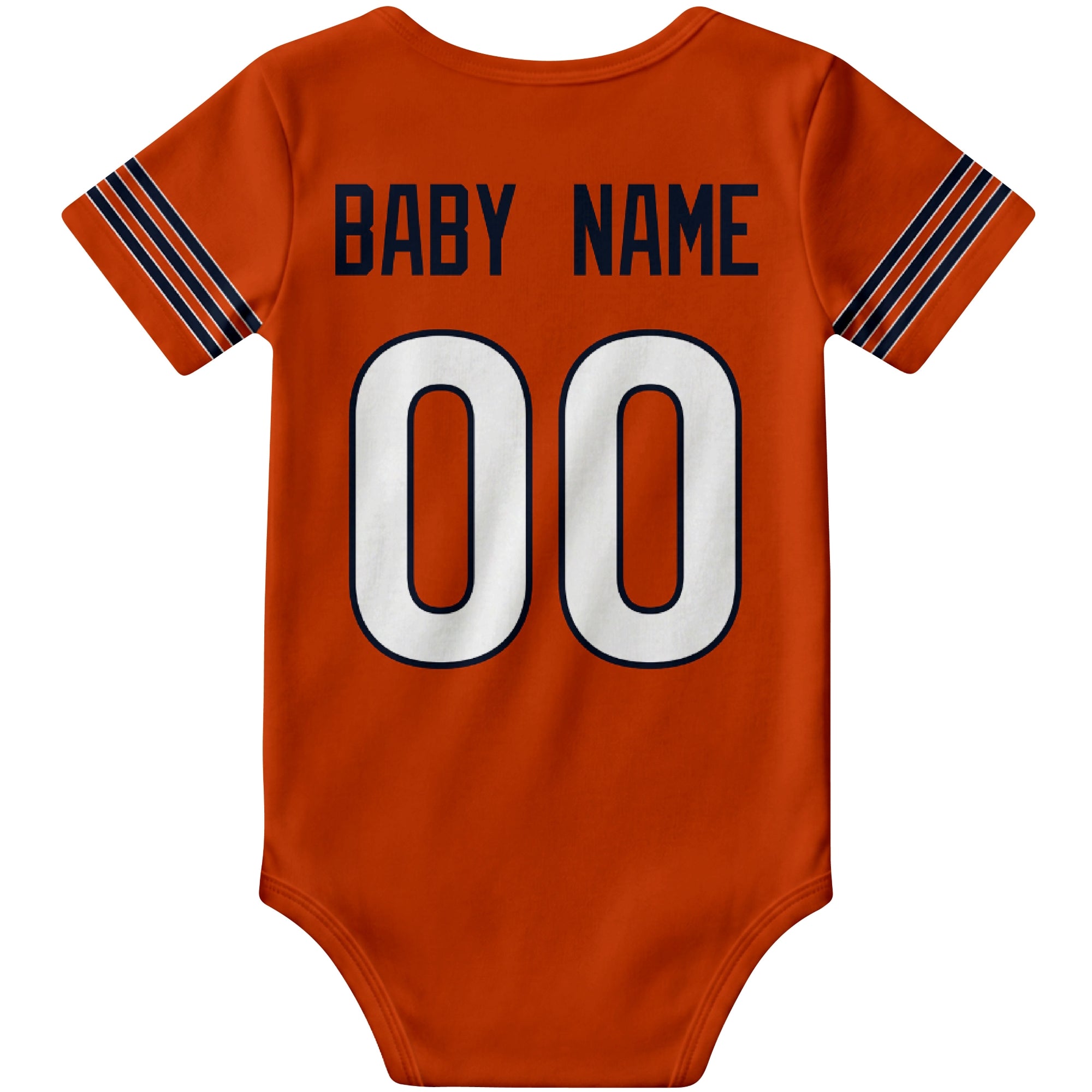 Chicago Orange personalized football baby bodysuit back view with custom baby name and jersey number
