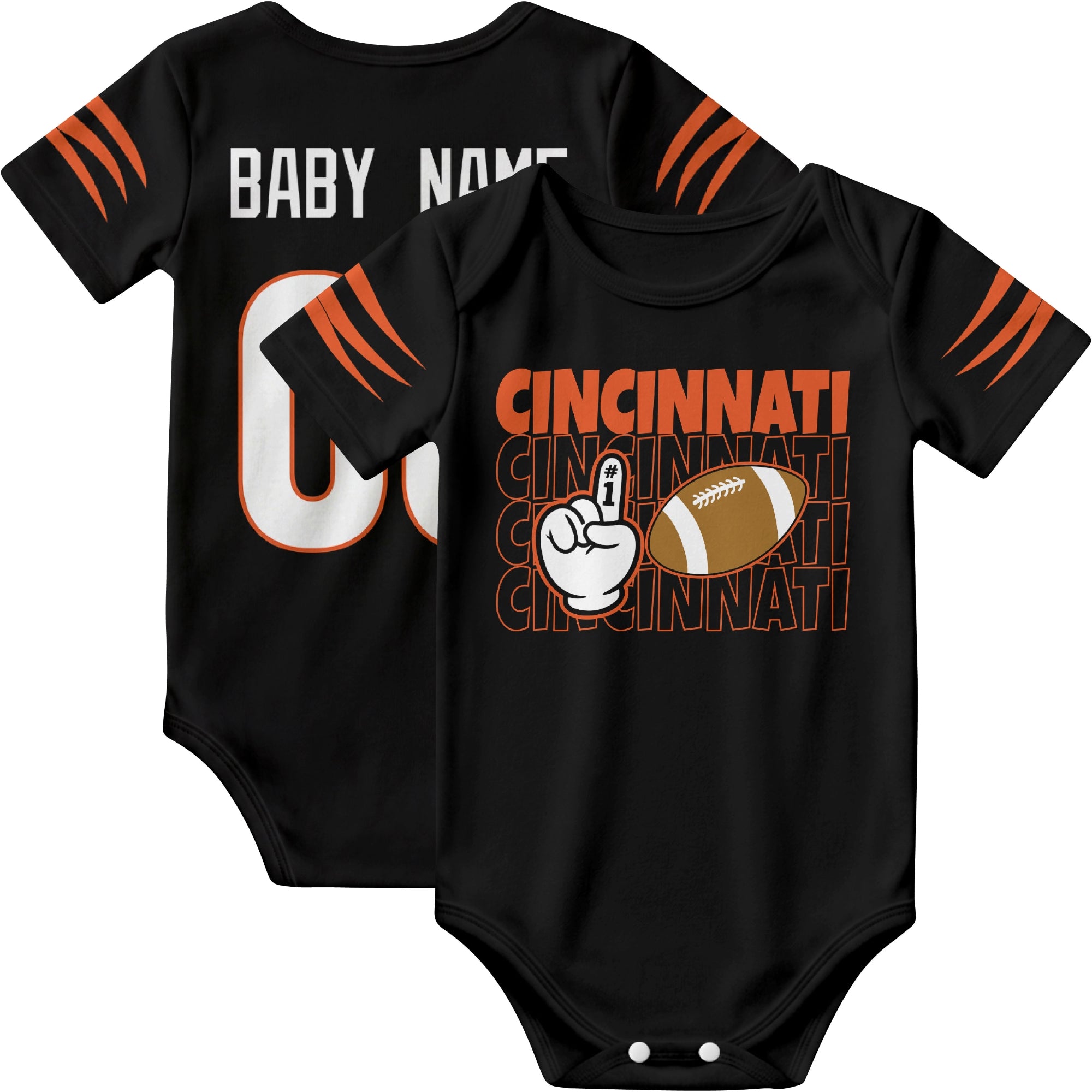 Cincinnati personalized football baby bodysuit in Black showing front number one fan design and back custom baby name and number