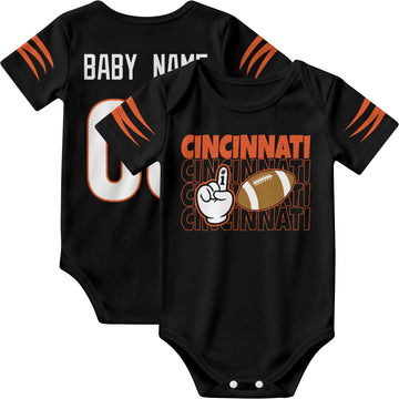 Cincinnati personalized football baby bodysuit in Black showing front number one fan design and back custom baby name and number