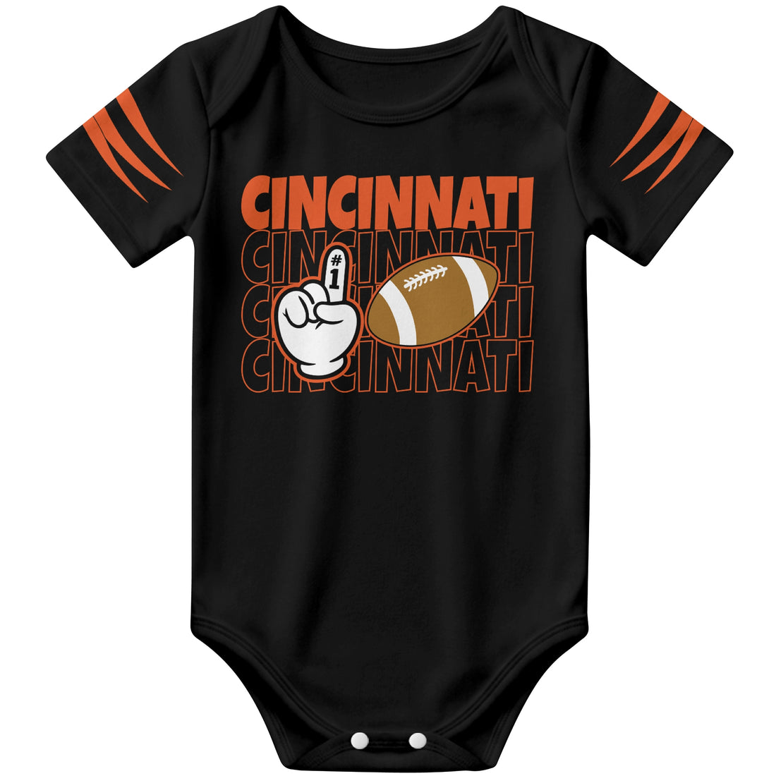 Cincinnati personalized football baby bodysuit in Black showing front number one fan design and back custom baby name and number