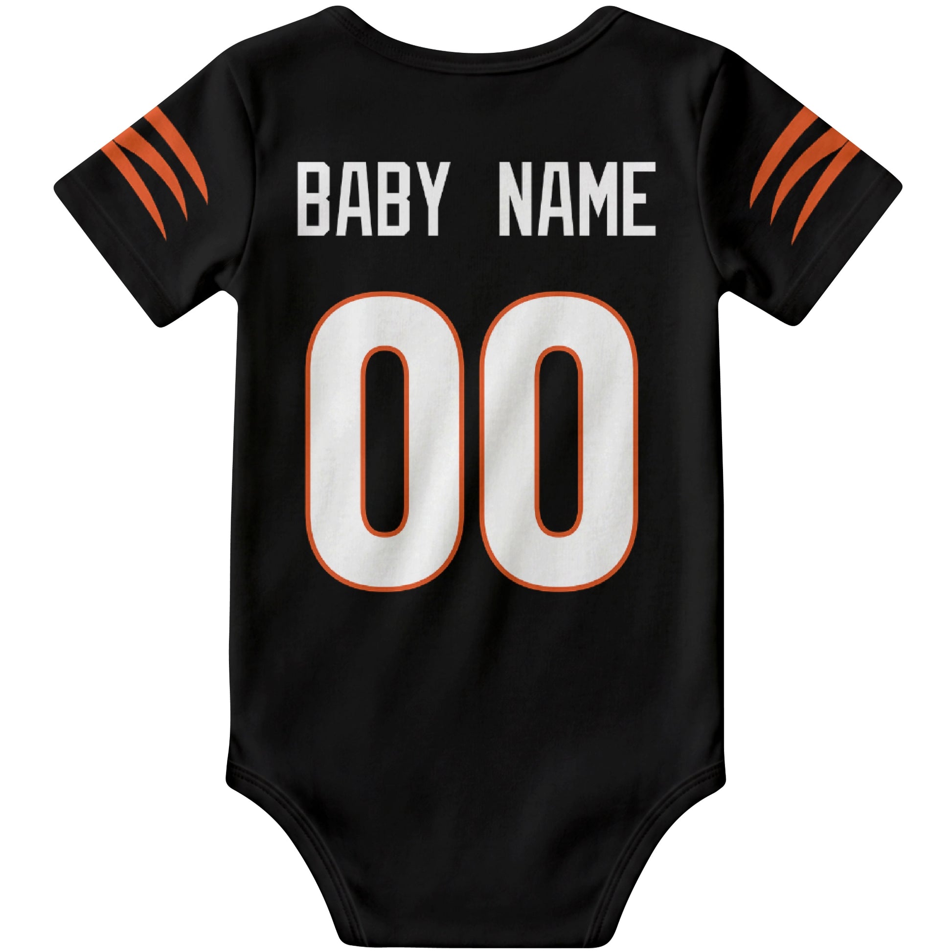 Cincinnati Black personalized football baby bodysuit back view with custom baby name and jersey number