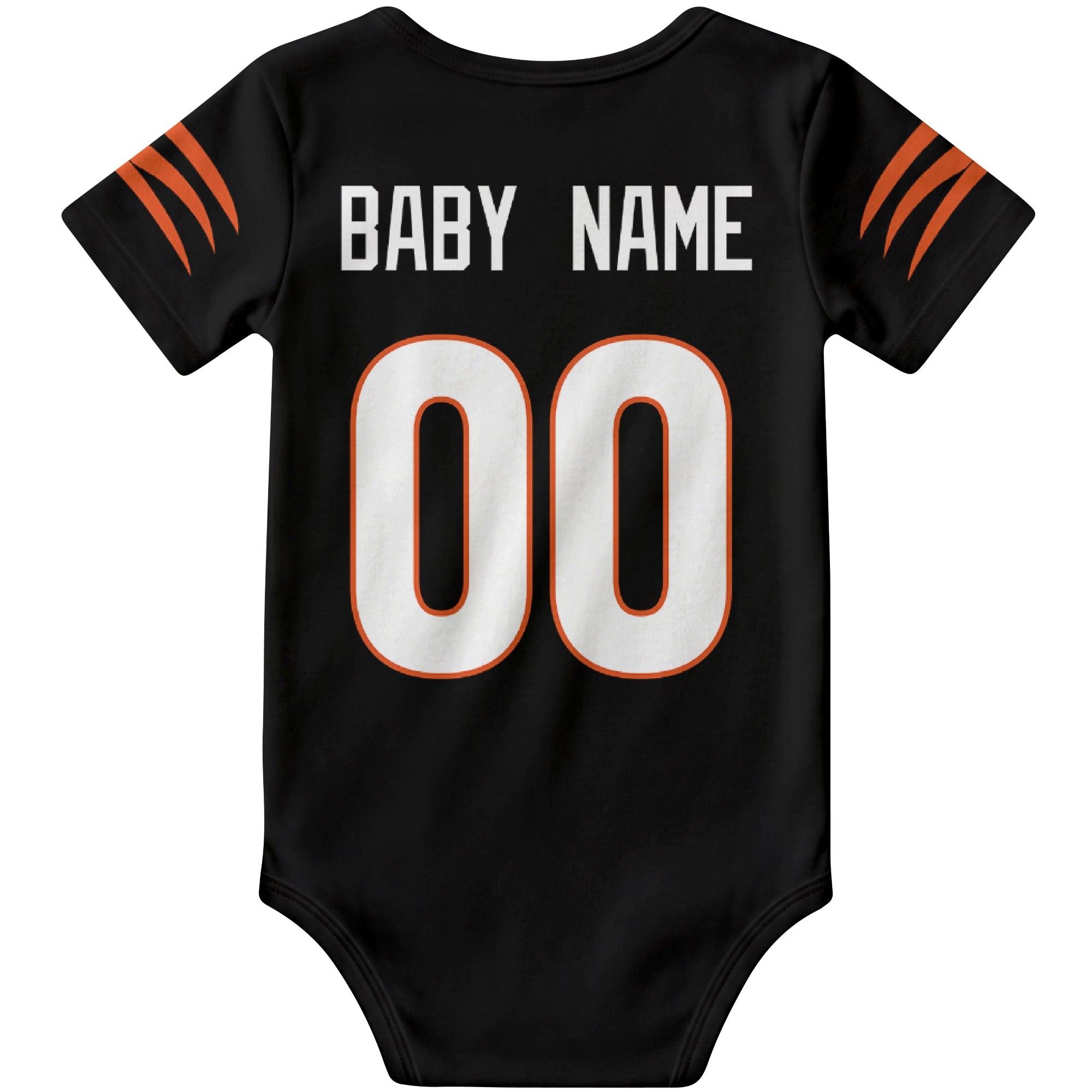 Cincinnati Black personalized football baby bodysuit back view with custom baby name and jersey number
