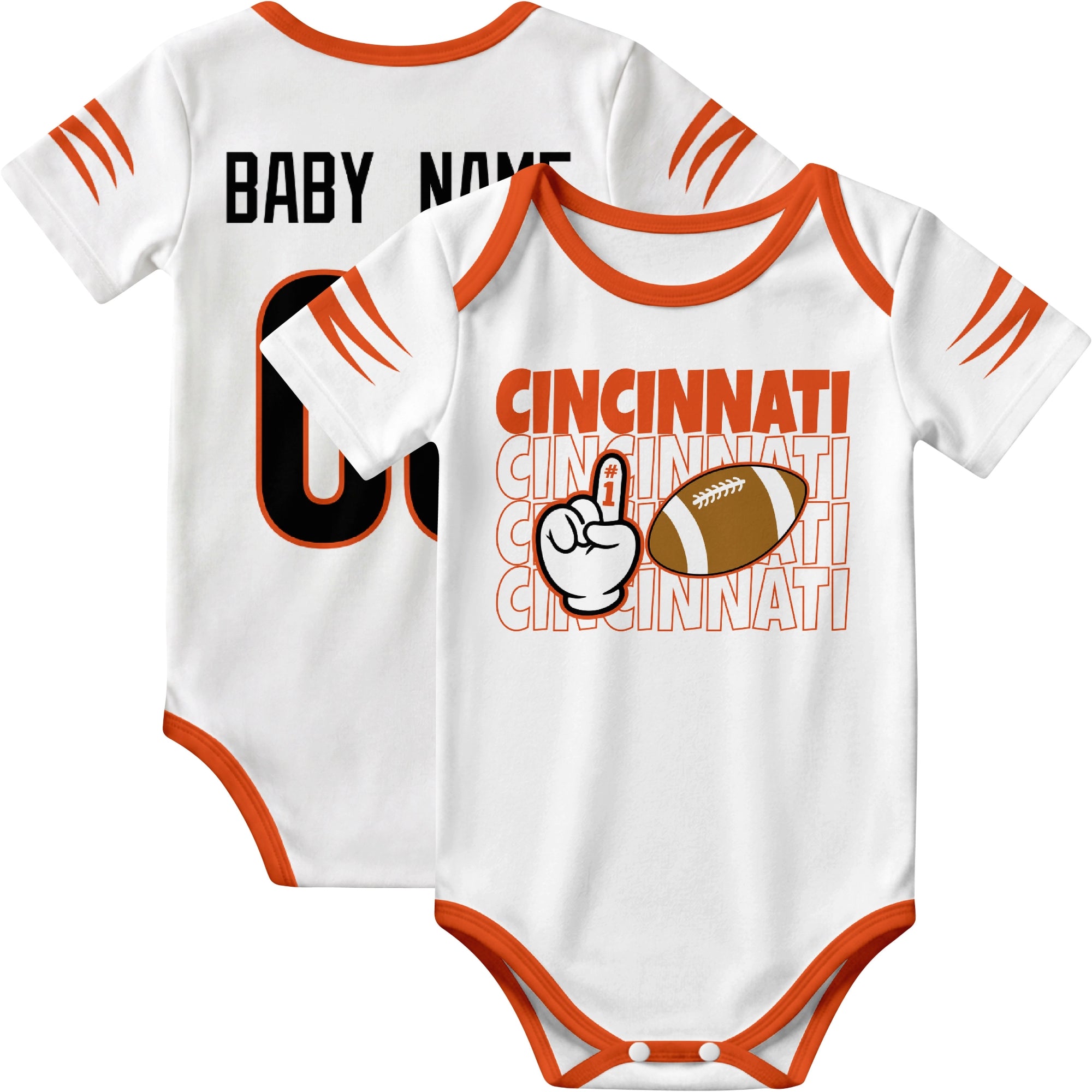 Cincinnati personalized football baby bodysuit in White showing front number one fan design and back custom baby name and number