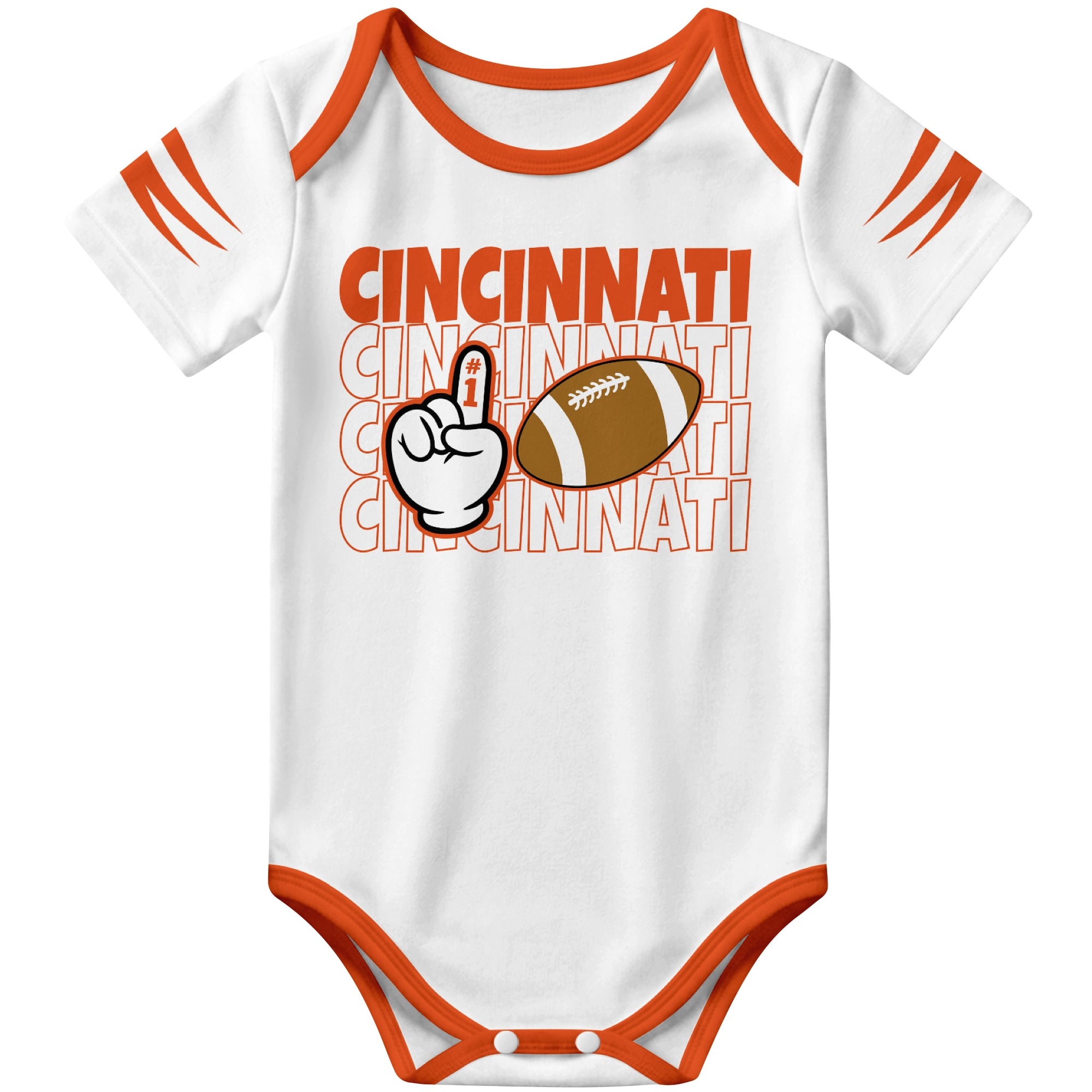 Cincinnati White football baby bodysuit front view with city lettering football and number one fan hand graphic