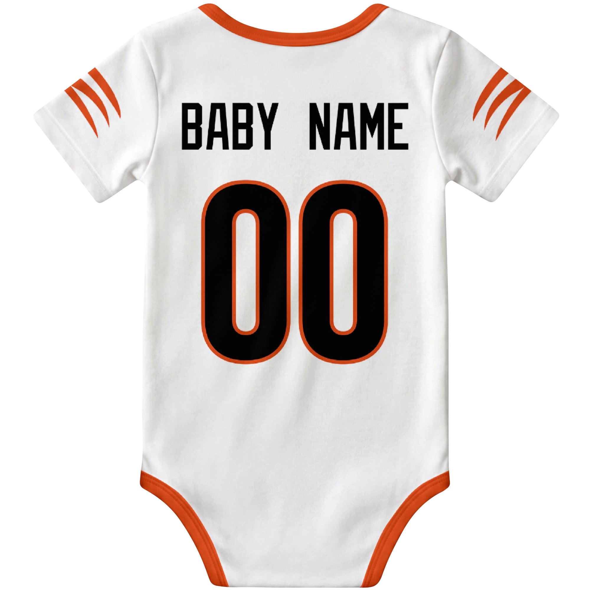 Cincinnati White personalized football baby bodysuit back view with custom baby name and jersey number