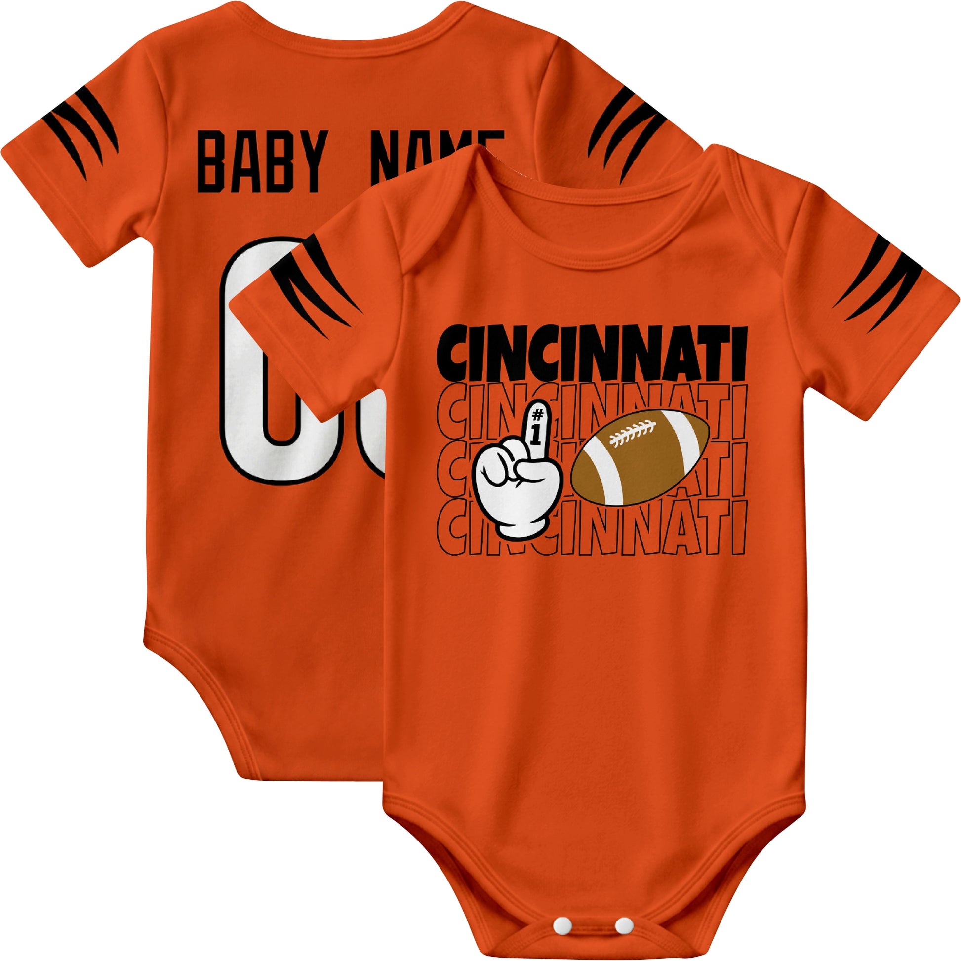 Cincinnati personalized football baby bodysuit in Orange showing front number one fan design and back custom baby name and number