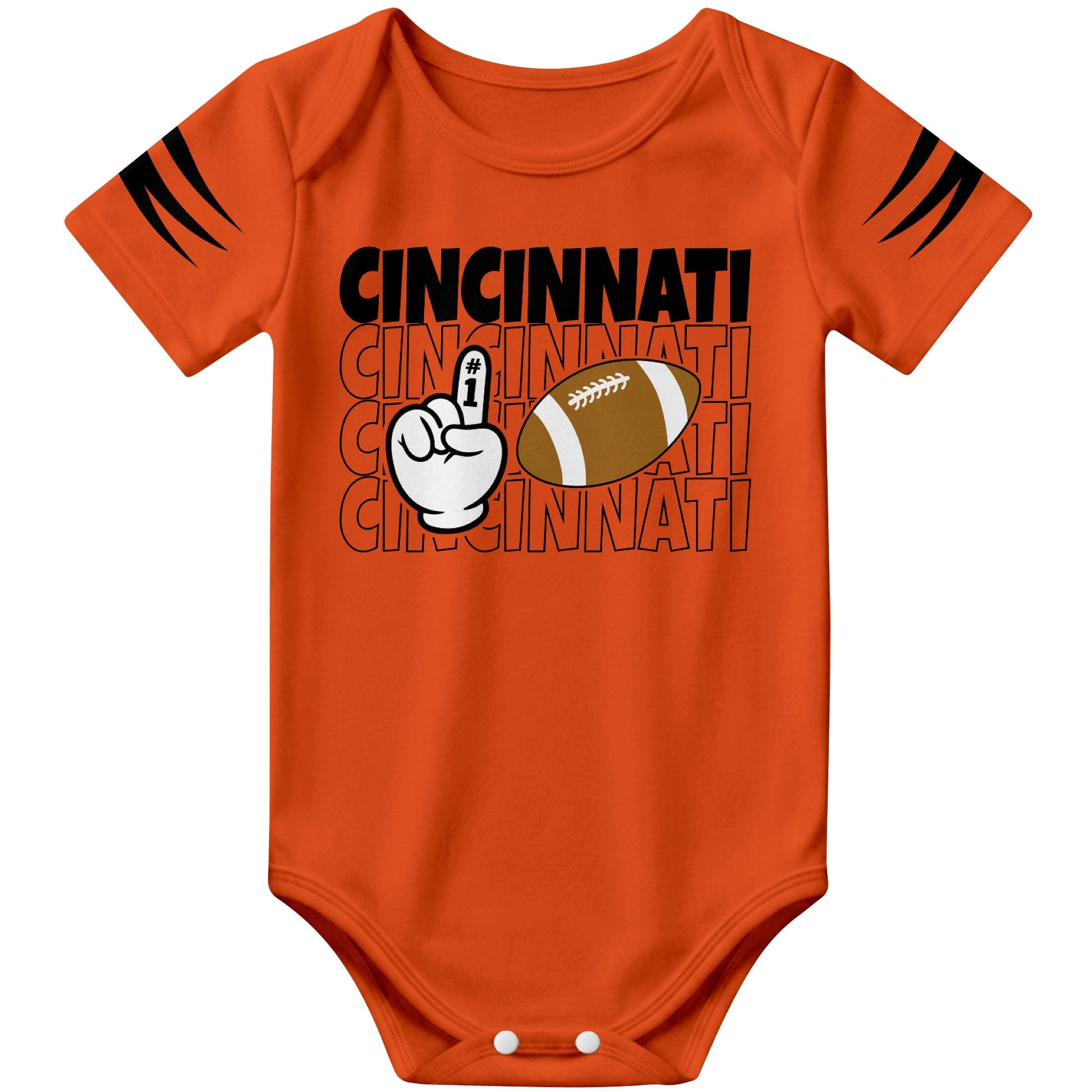 Cincinnati Orange football baby bodysuit front view with city lettering football and number one fan hand graphic
